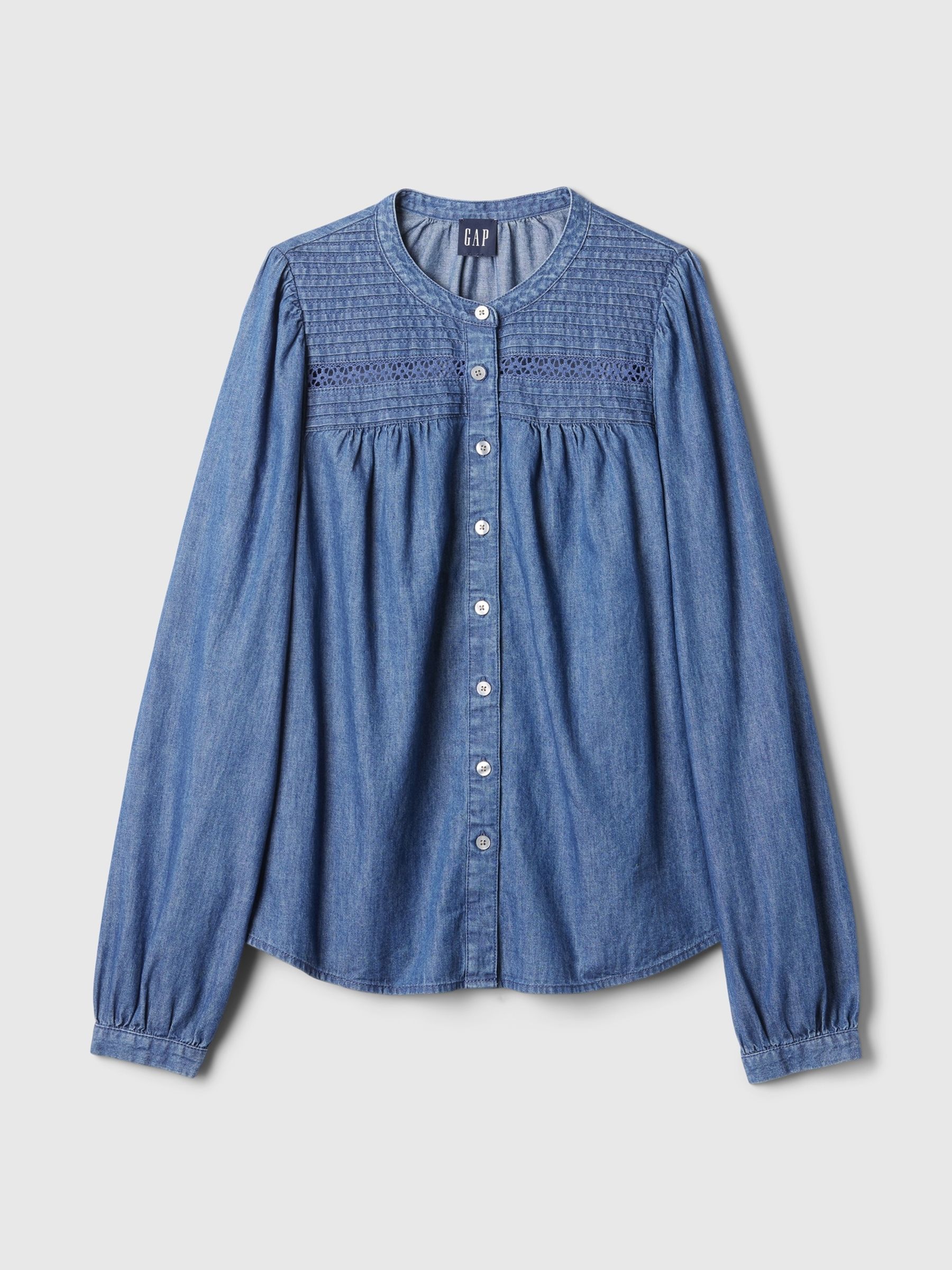 Blue Puff-Sleeve Lace-Trim Denim Shirt - Image 4 of 5