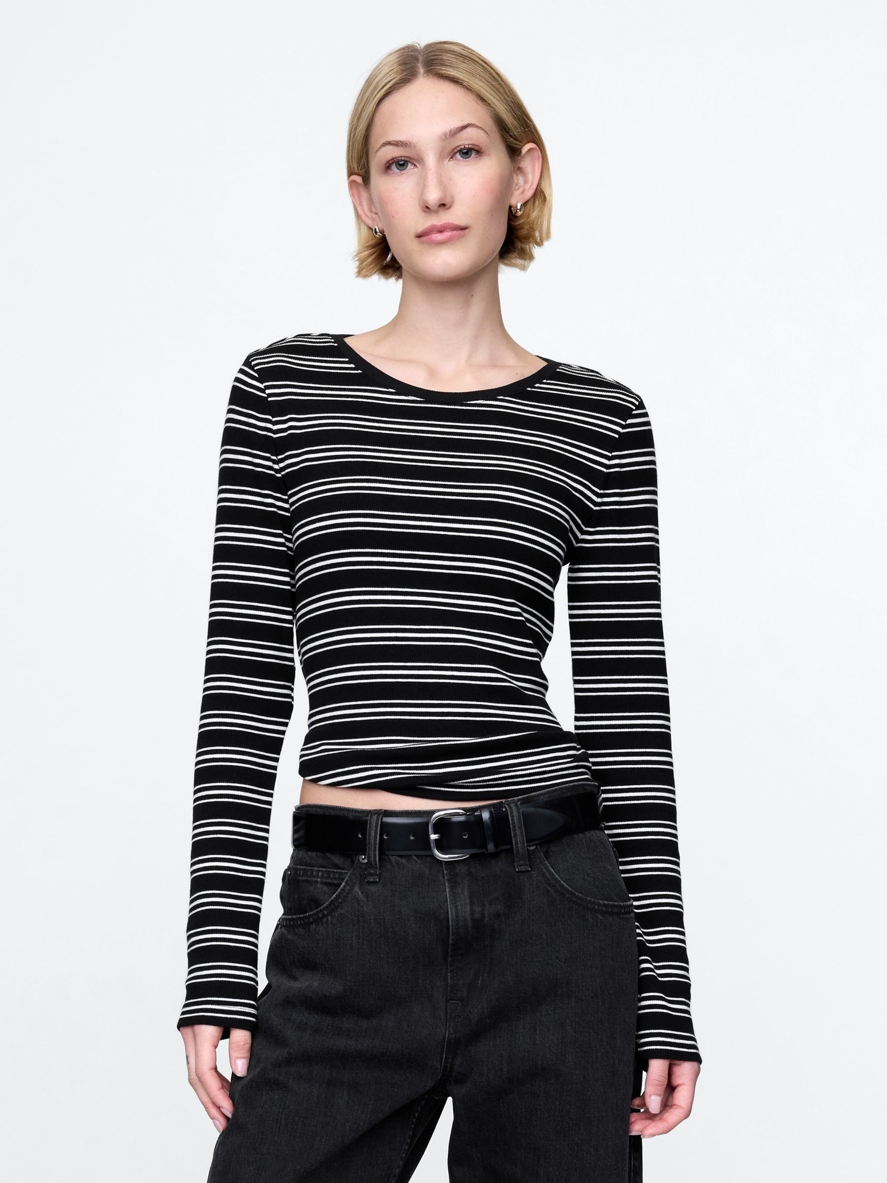 Black Stripe Long Sleeve Modern Cotton-Modal Crew Neck T-Shirt - Image 1 of 5