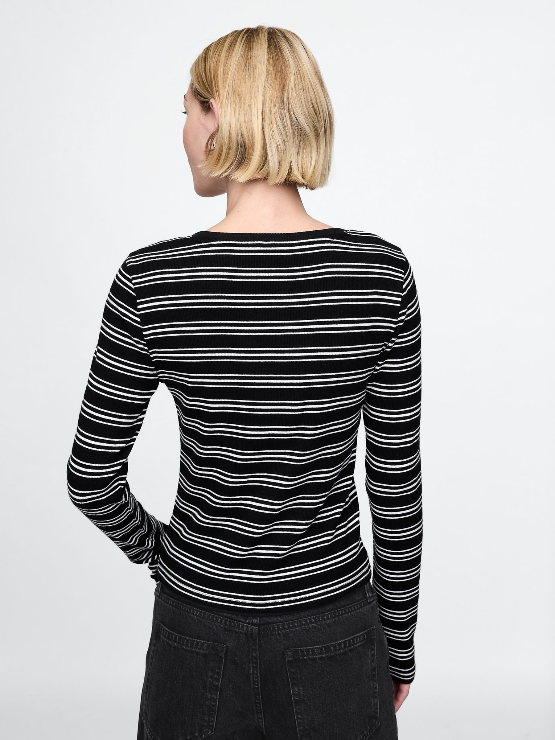 Black Stripe Long Sleeve Modern Cotton-Modal Crew Neck T-Shirt - Image 2 of 5