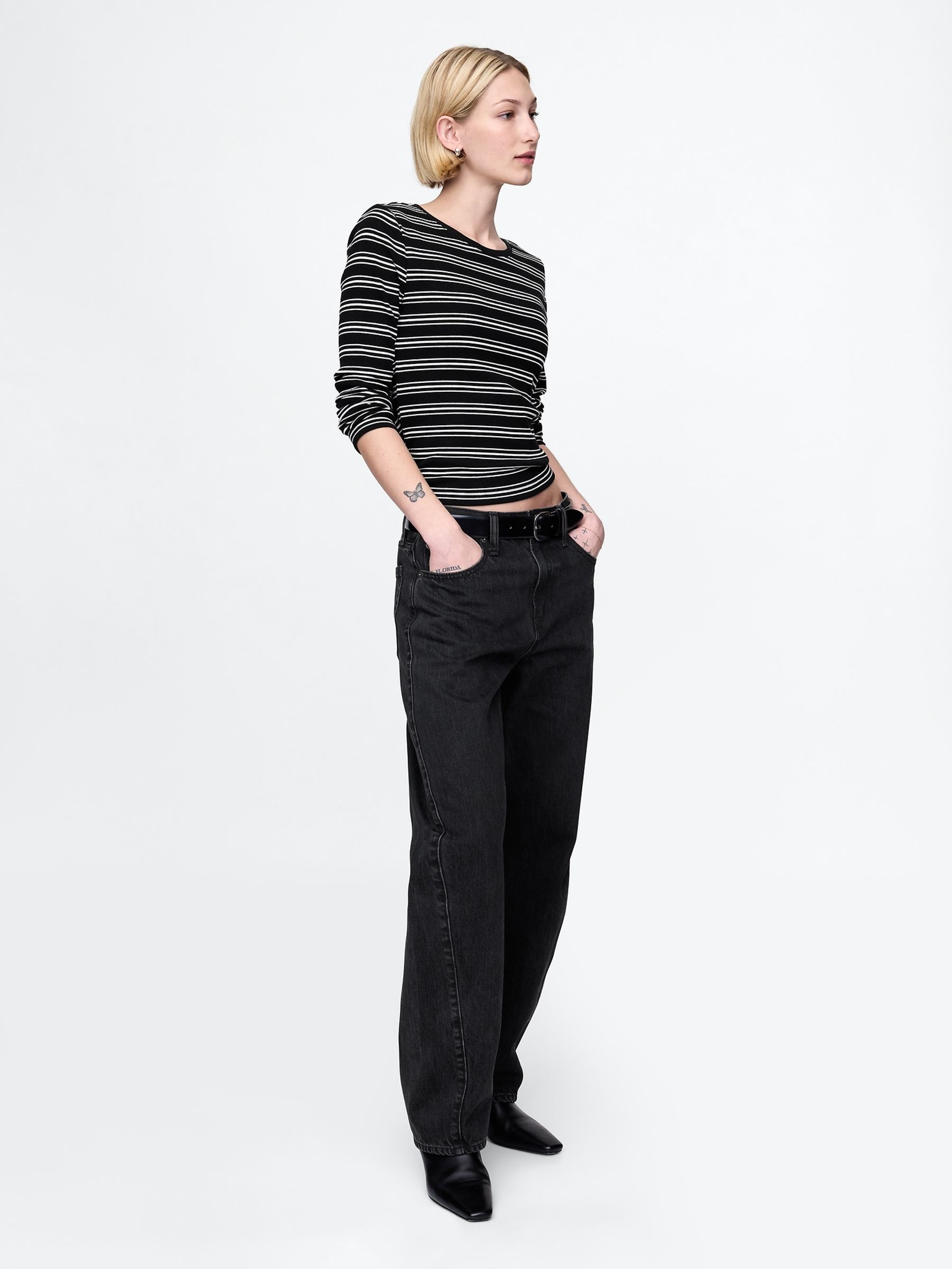 Black Stripe Long Sleeve Modern Cotton-Modal Crew Neck T-Shirt - Image 3 of 5