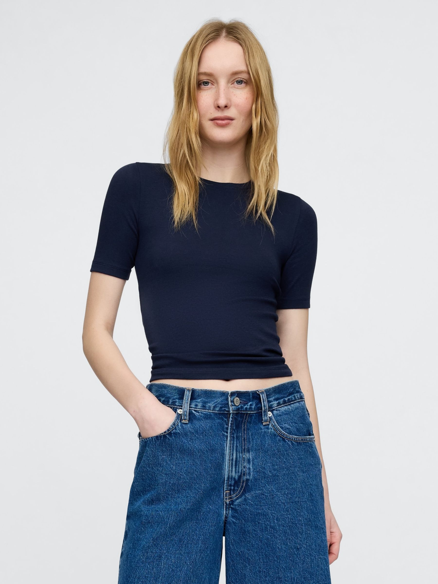 Navy Blue Modern Crew Neck T-Shirt - Image 1 of 4