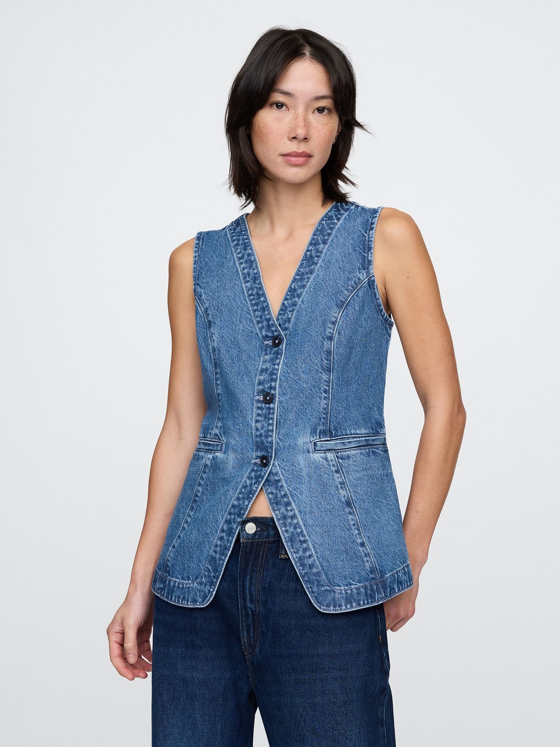 Blue Cotton Longline Denim Waistcoat - Image 1 of 5