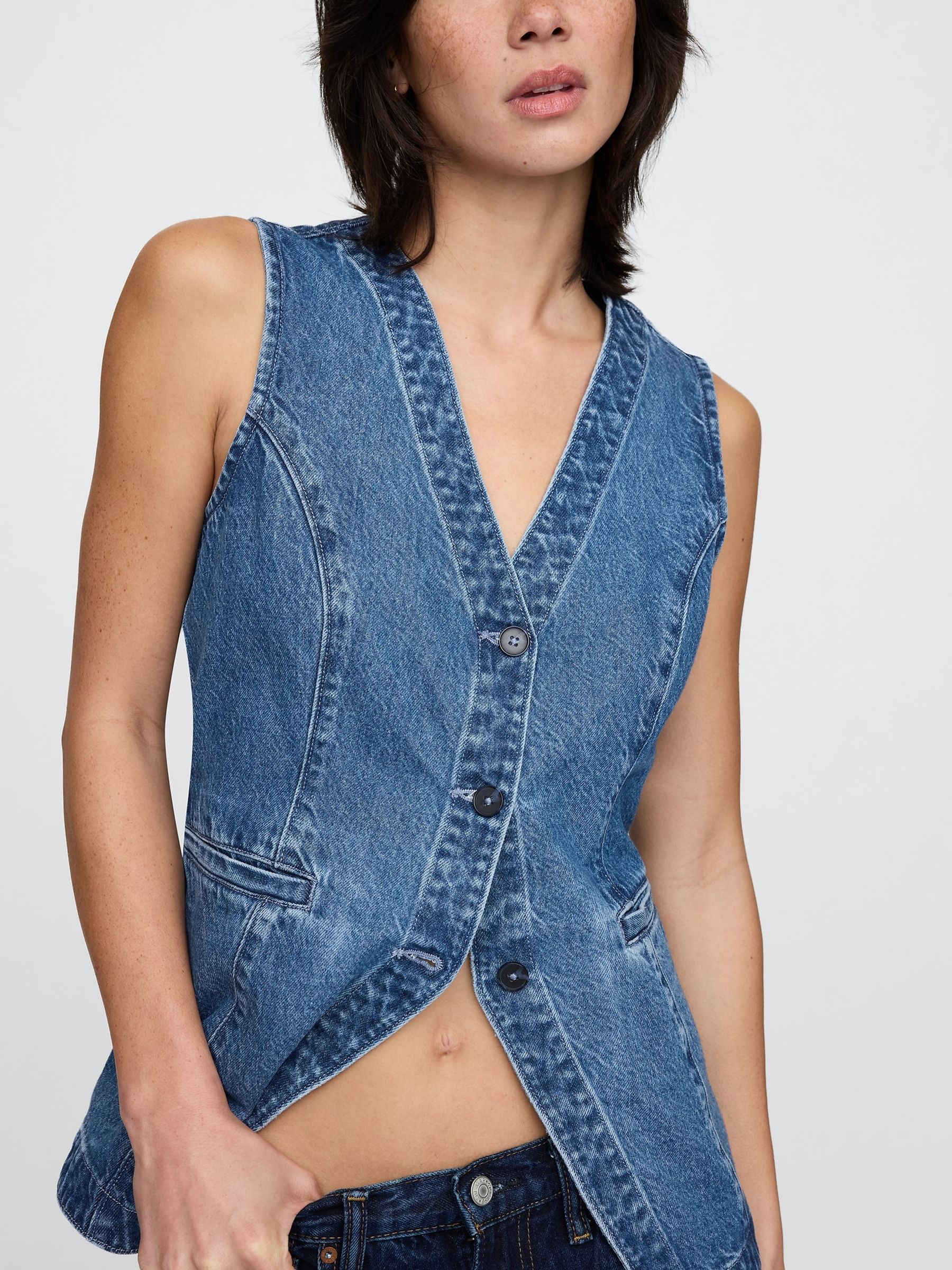 Blue Cotton Longline Denim Waistcoat - Image 4 of 5