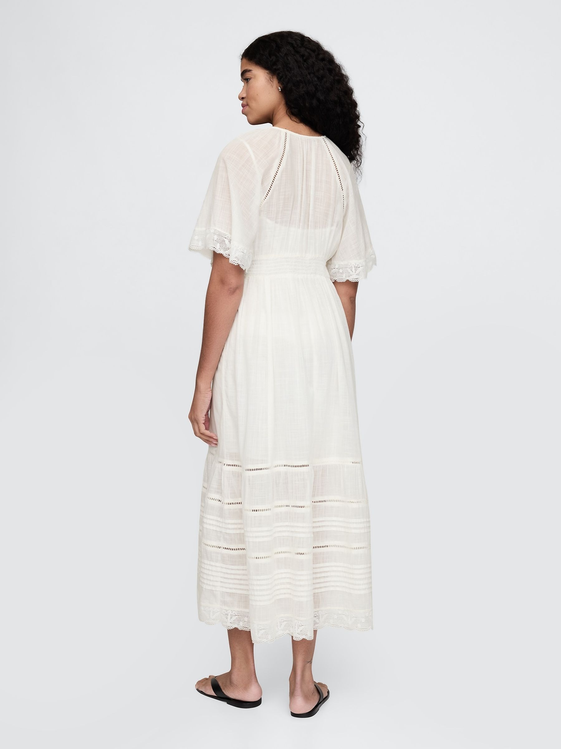 White 100% Cotton V-Neck Lace Midi Dress - Image 2 of 4
