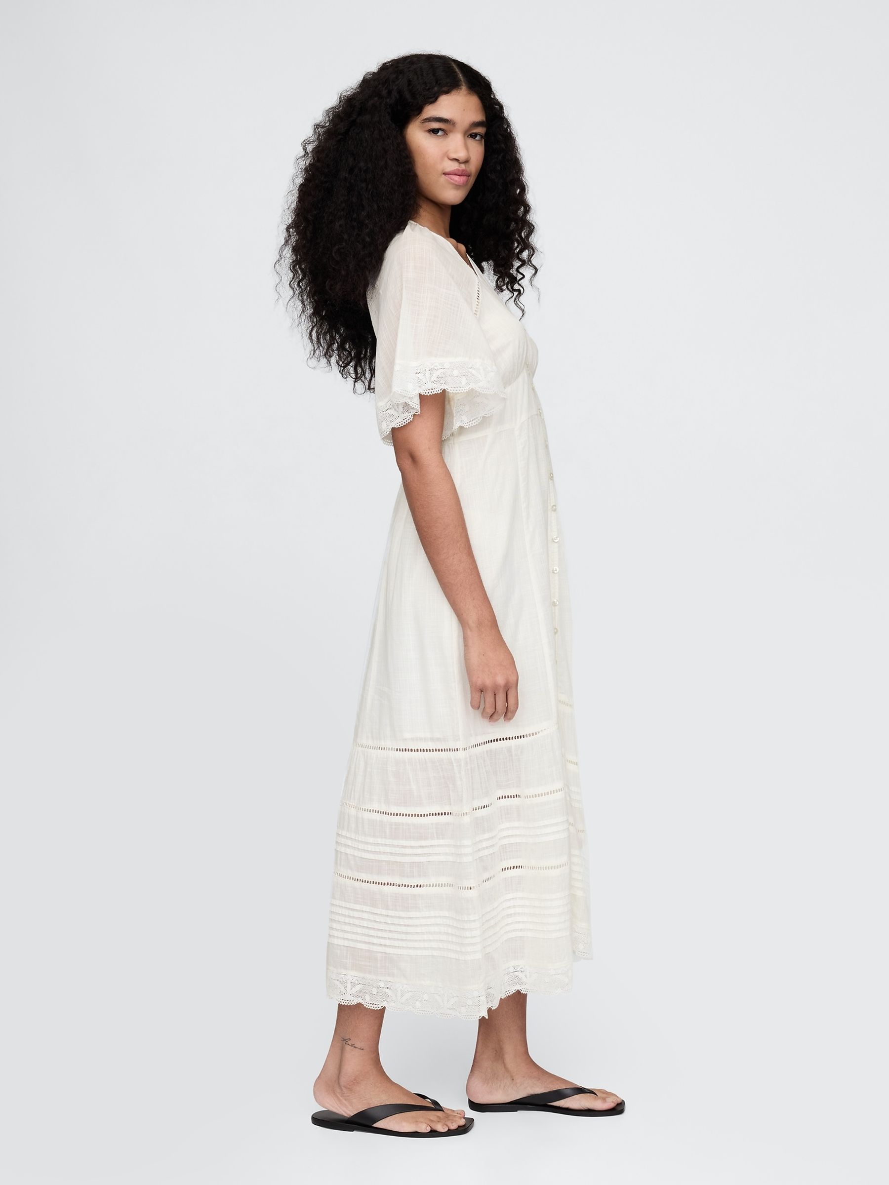 White 100% Cotton V-Neck Lace Midi Dress - Image 3 of 4