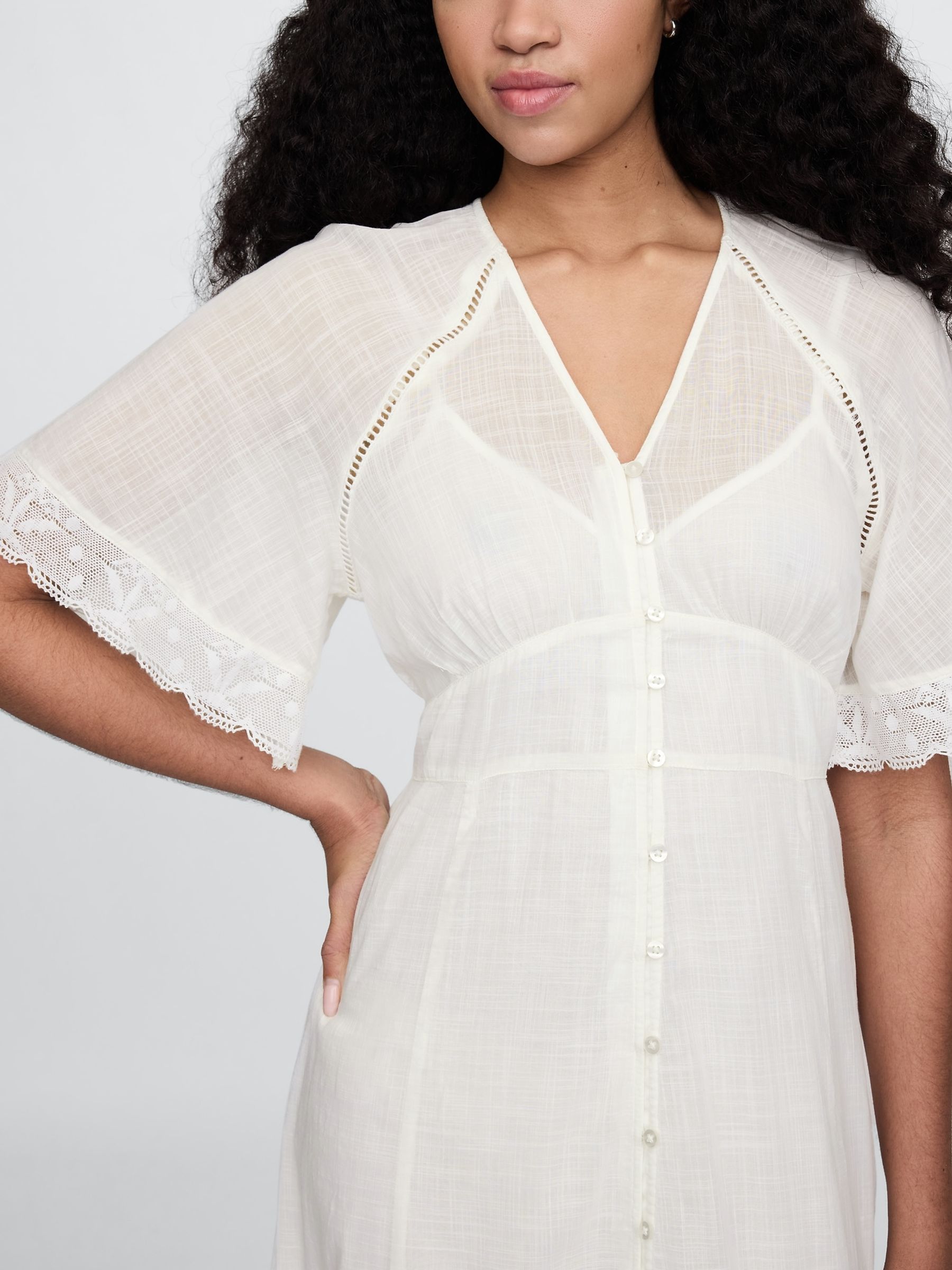 White 100% Cotton V-Neck Lace Midi Dress - Image 4 of 4