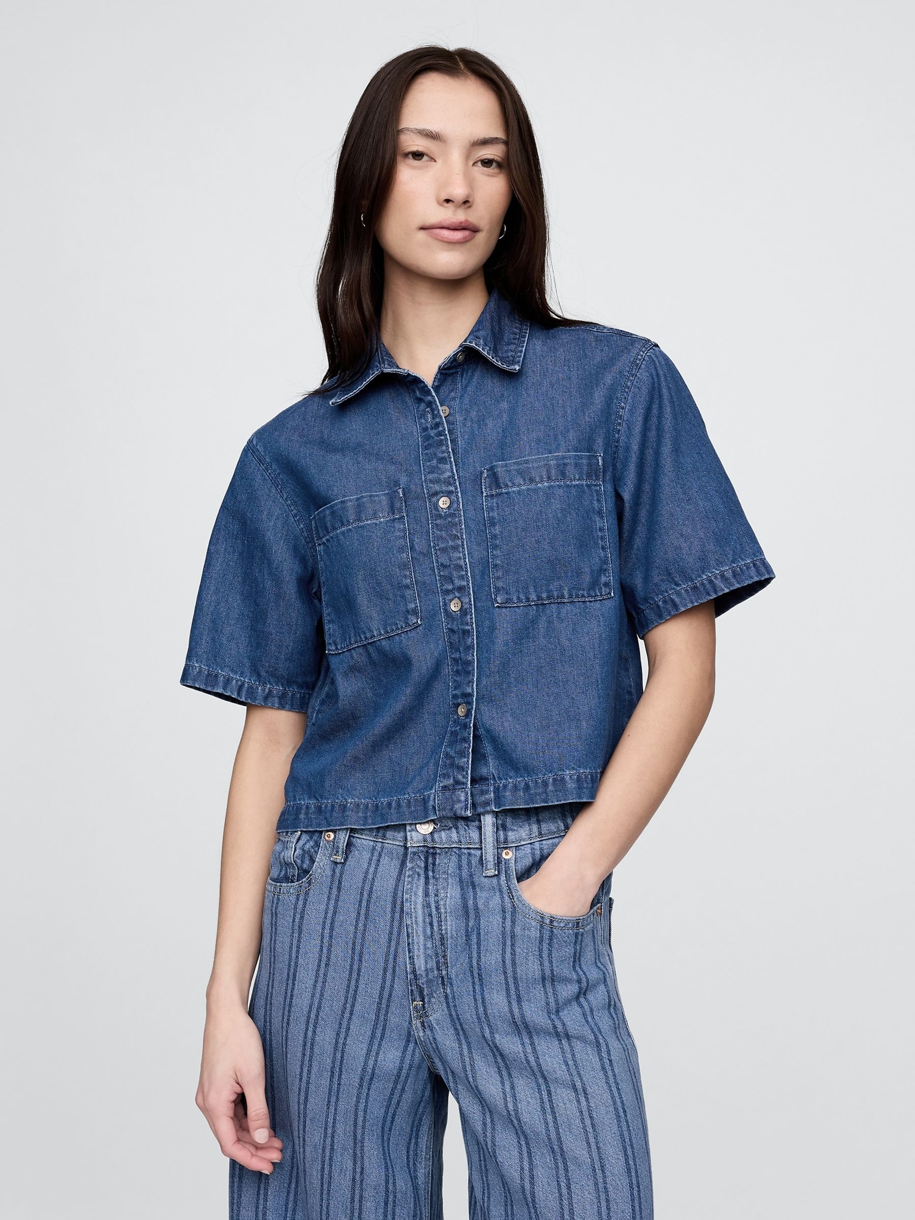 Blue UltraSoft Cropped Denim Shirt - Image 1 of 5