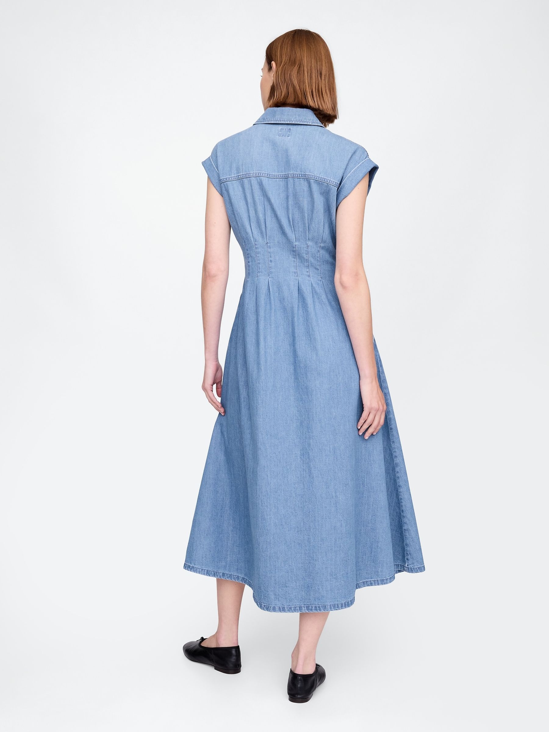 Blue 100% Cotton Pleated Denim Midi Shirt Summer Dress - Image 2 of 7