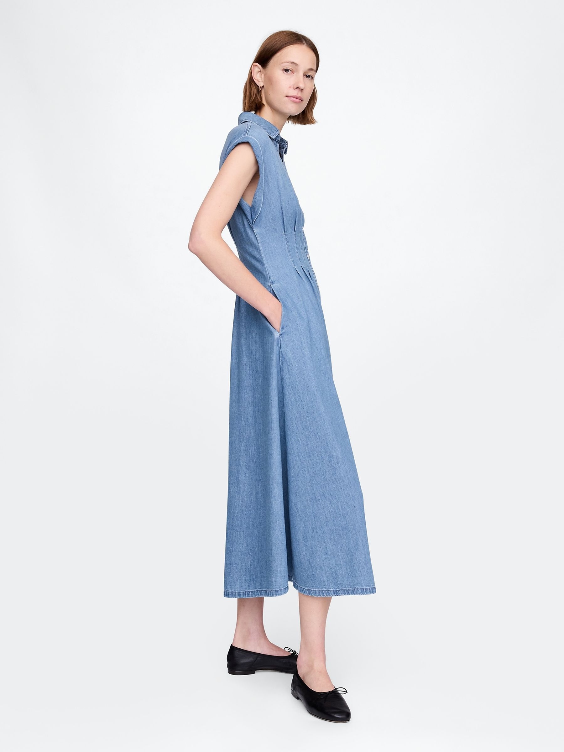 Blue 100% Cotton Pleated Denim Midi Shirt Summer Dress - Image 3 of 7