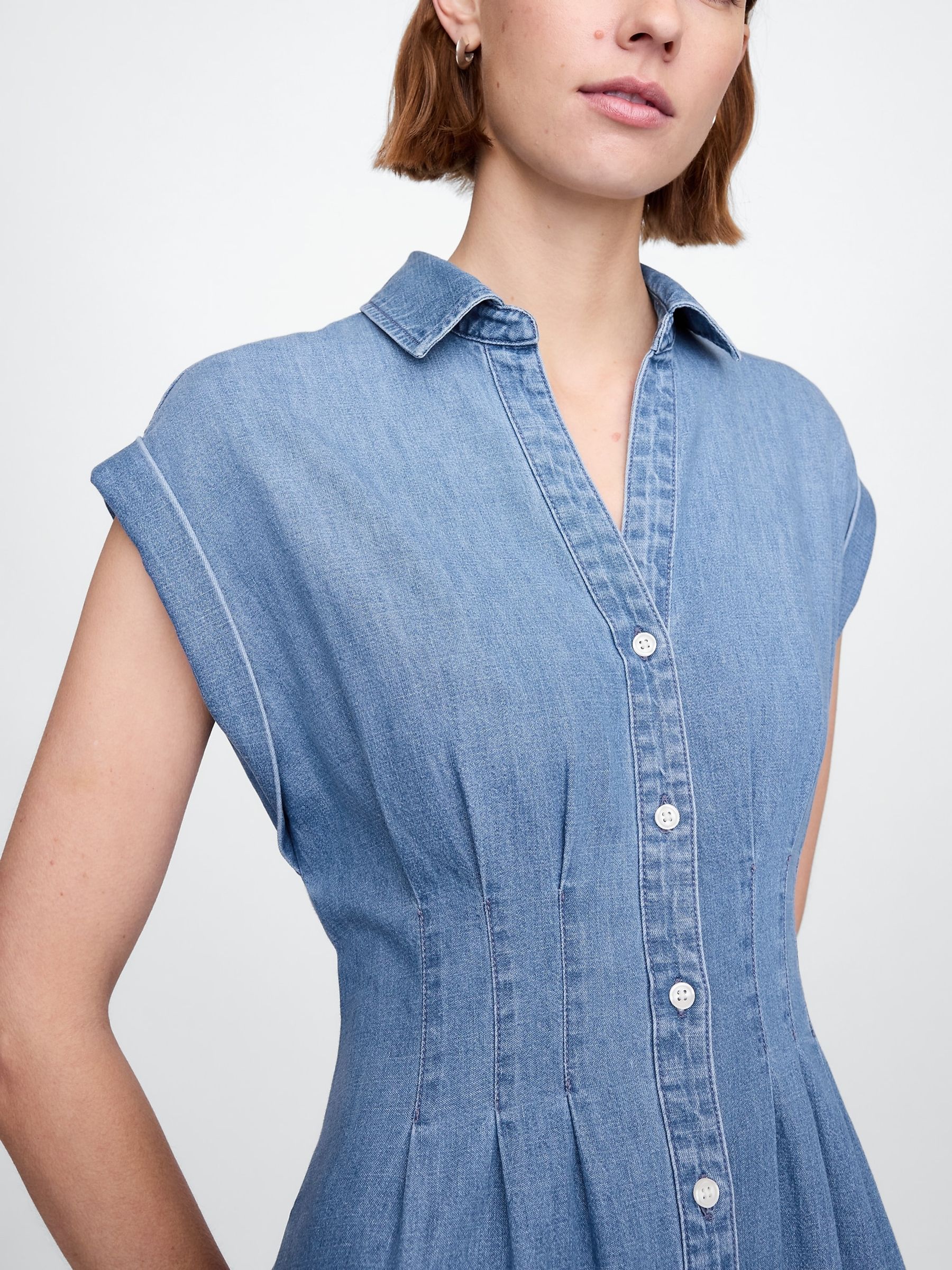 Blue 100% Cotton Pleated Denim Midi Shirt Summer Dress - Image 4 of 7