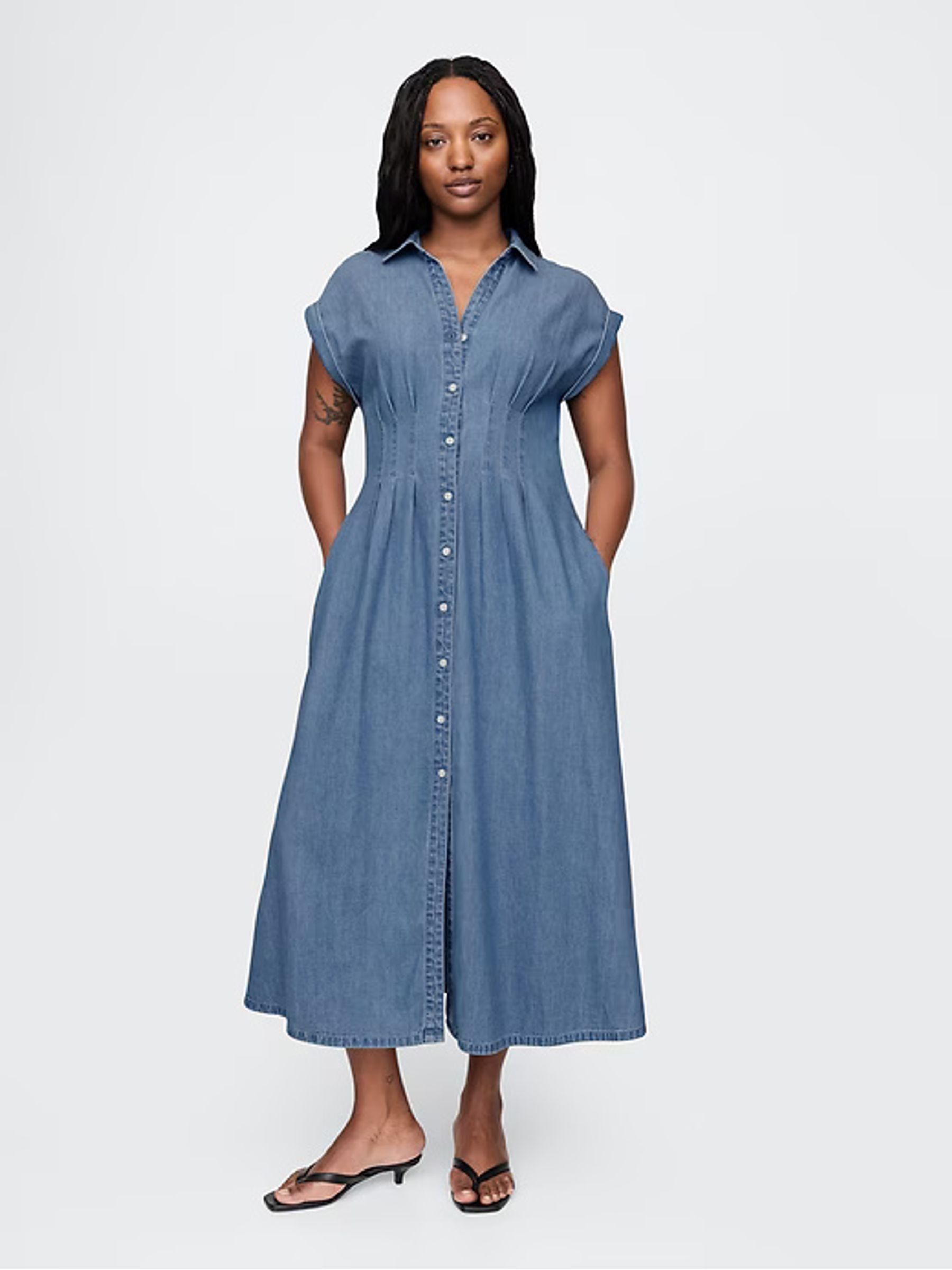 Blue 100% Cotton Pleated Denim Midi Shirt Summer Dress - Image 5 of 7