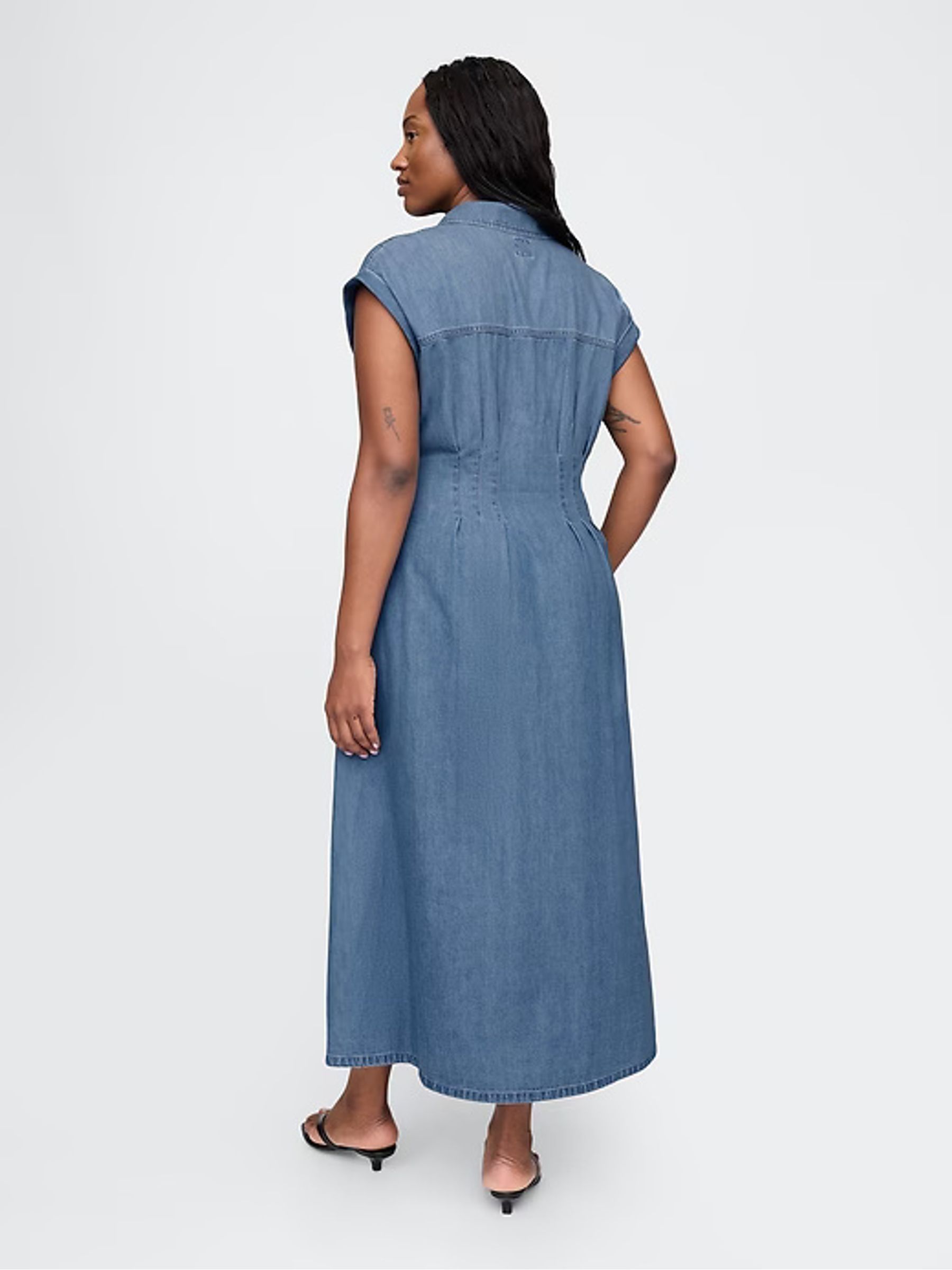 Blue 100% Cotton Pleated Denim Midi Shirt Summer Dress - Image 6 of 7
