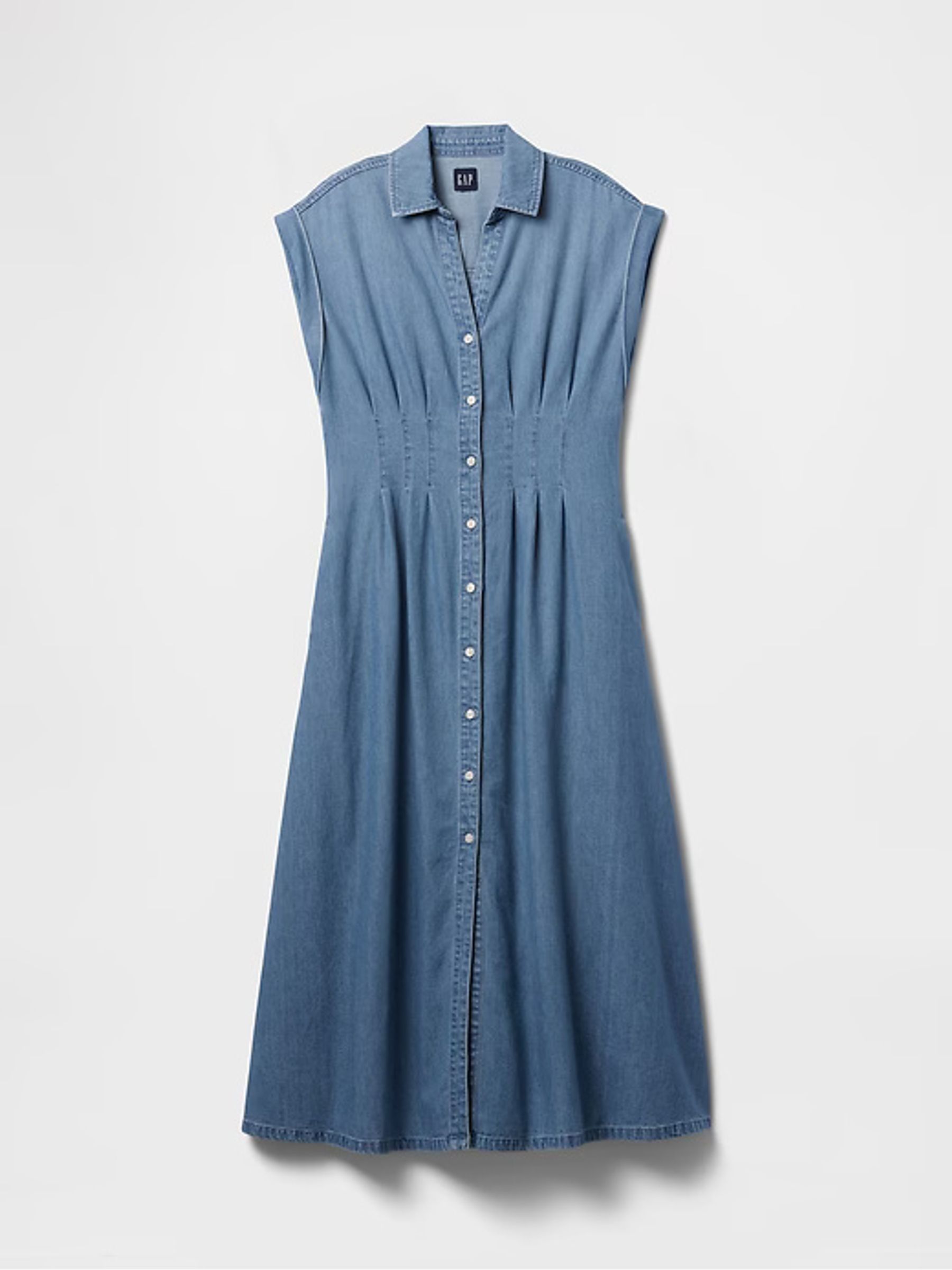 Blue 100% Cotton Pleated Denim Midi Shirt Summer Dress - Image 7 of 7