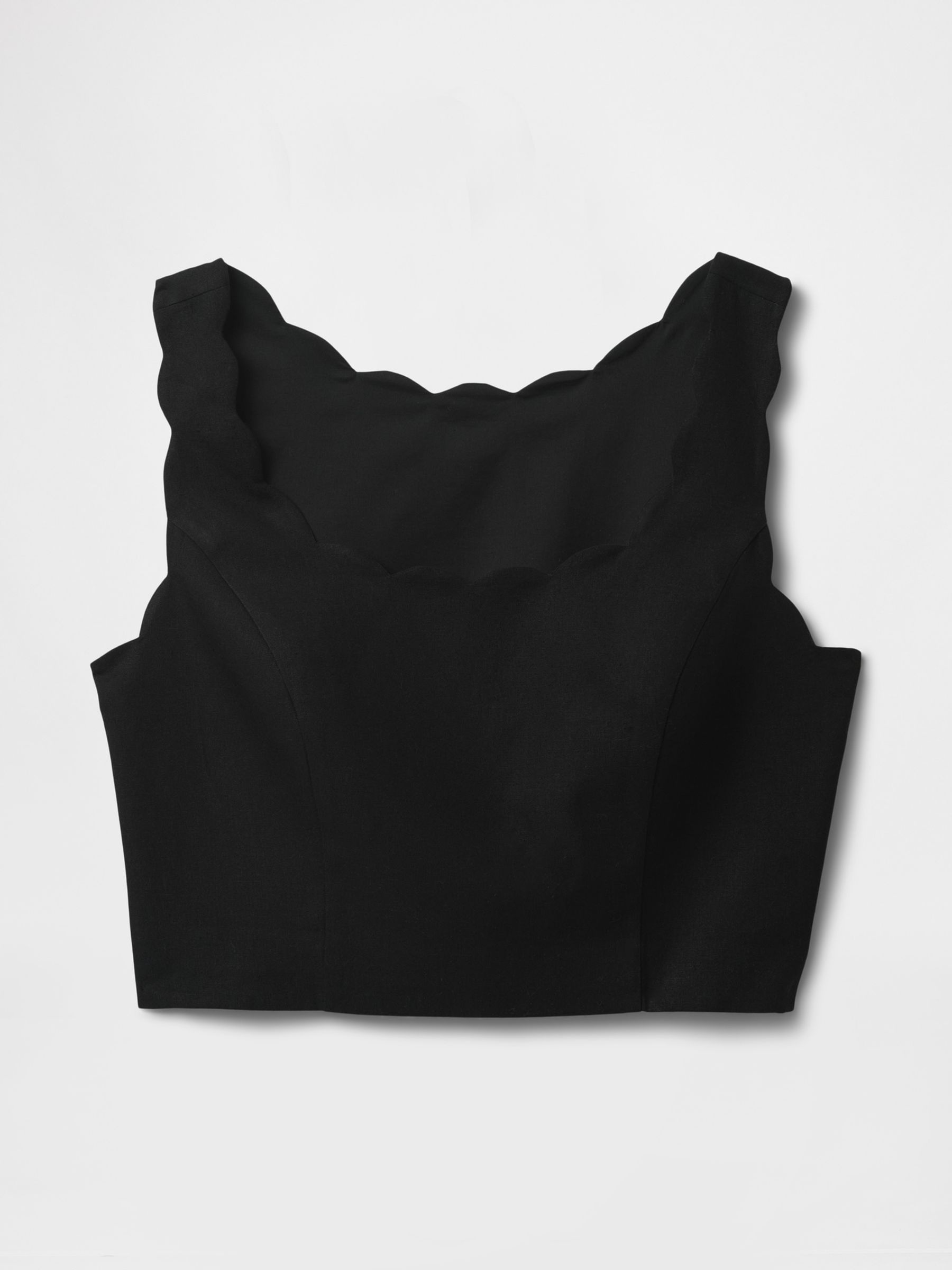 Black Heavyweight Linen-Blend Scalloped Cropped Top - Image 5 of 5