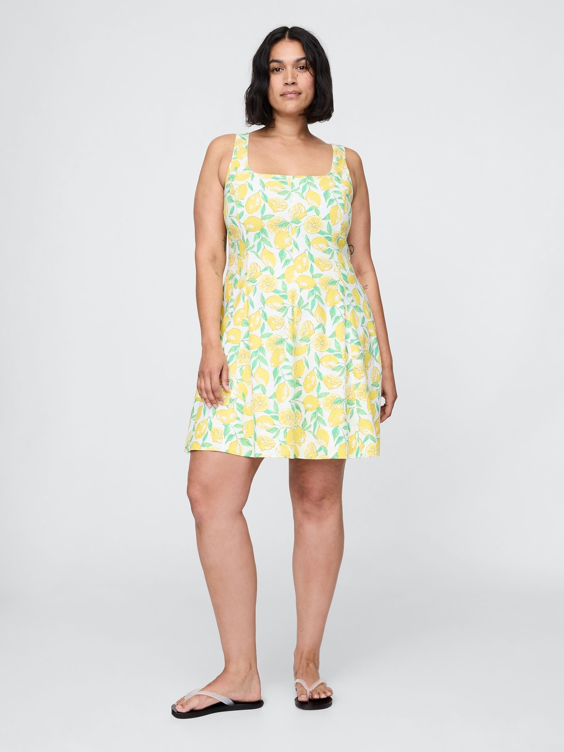 Yellow Lemon Heavyweight Square Neck Linen-Blend Mini Dress - Image 4 of 5