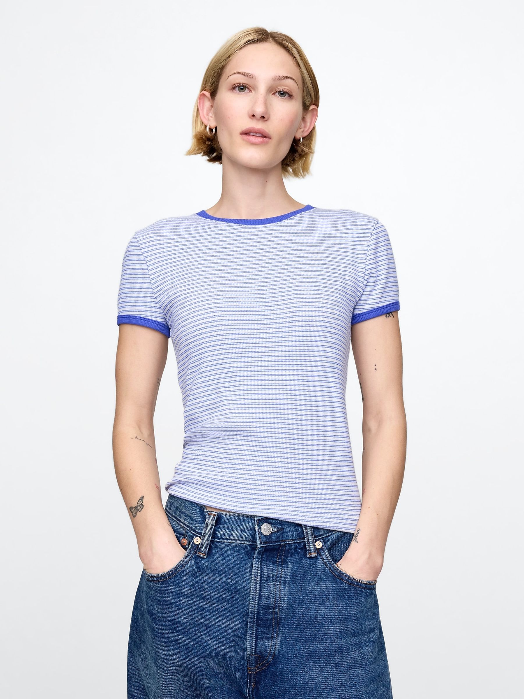 Blue Modern Cotton-Modal Short Sleeve Ribbed Cropped Striped T-Shirt - Image 1 of 5