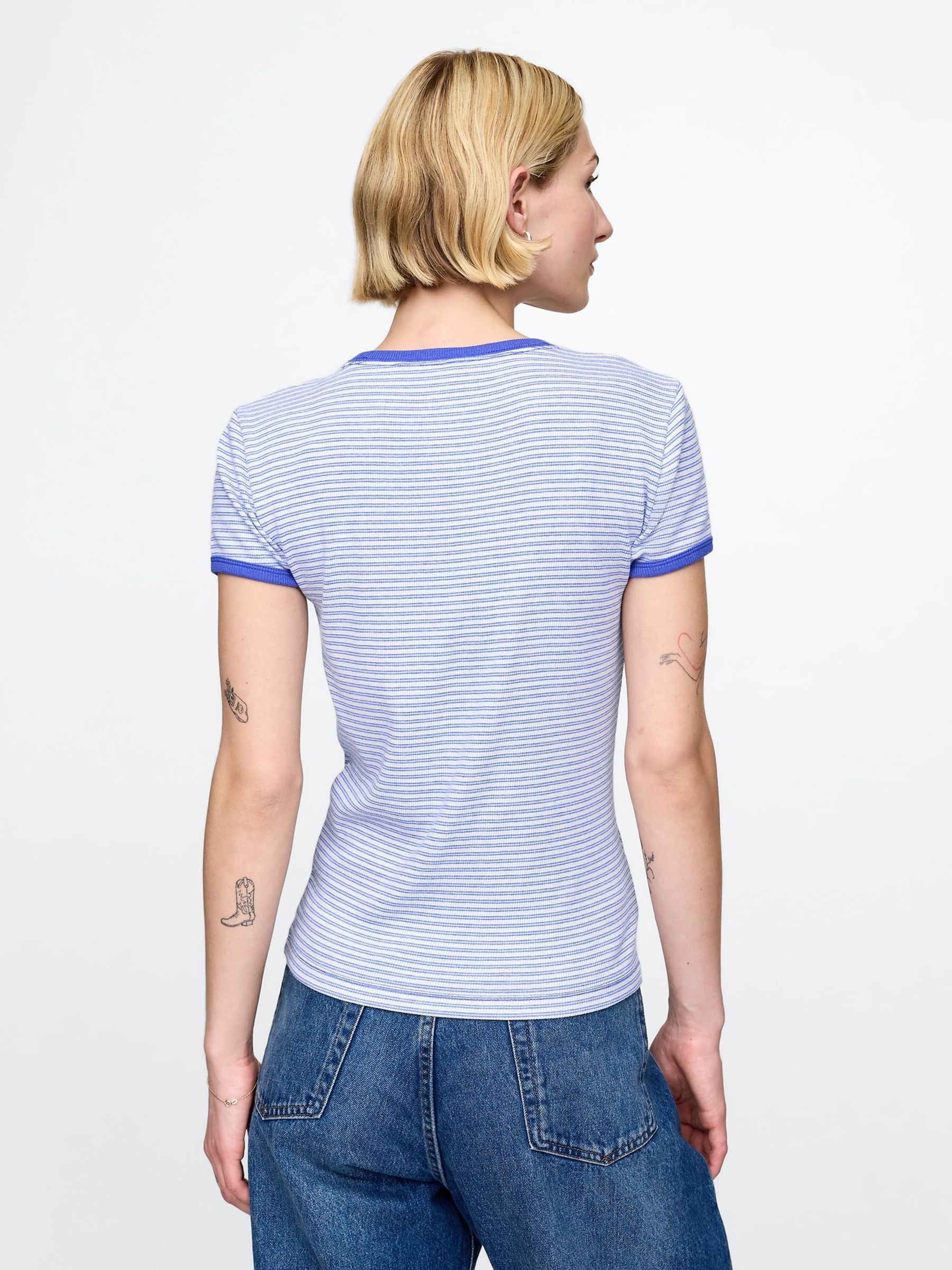 Blue Modern Cotton-Modal Short Sleeve Ribbed Cropped Striped T-Shirt - Image 2 of 5