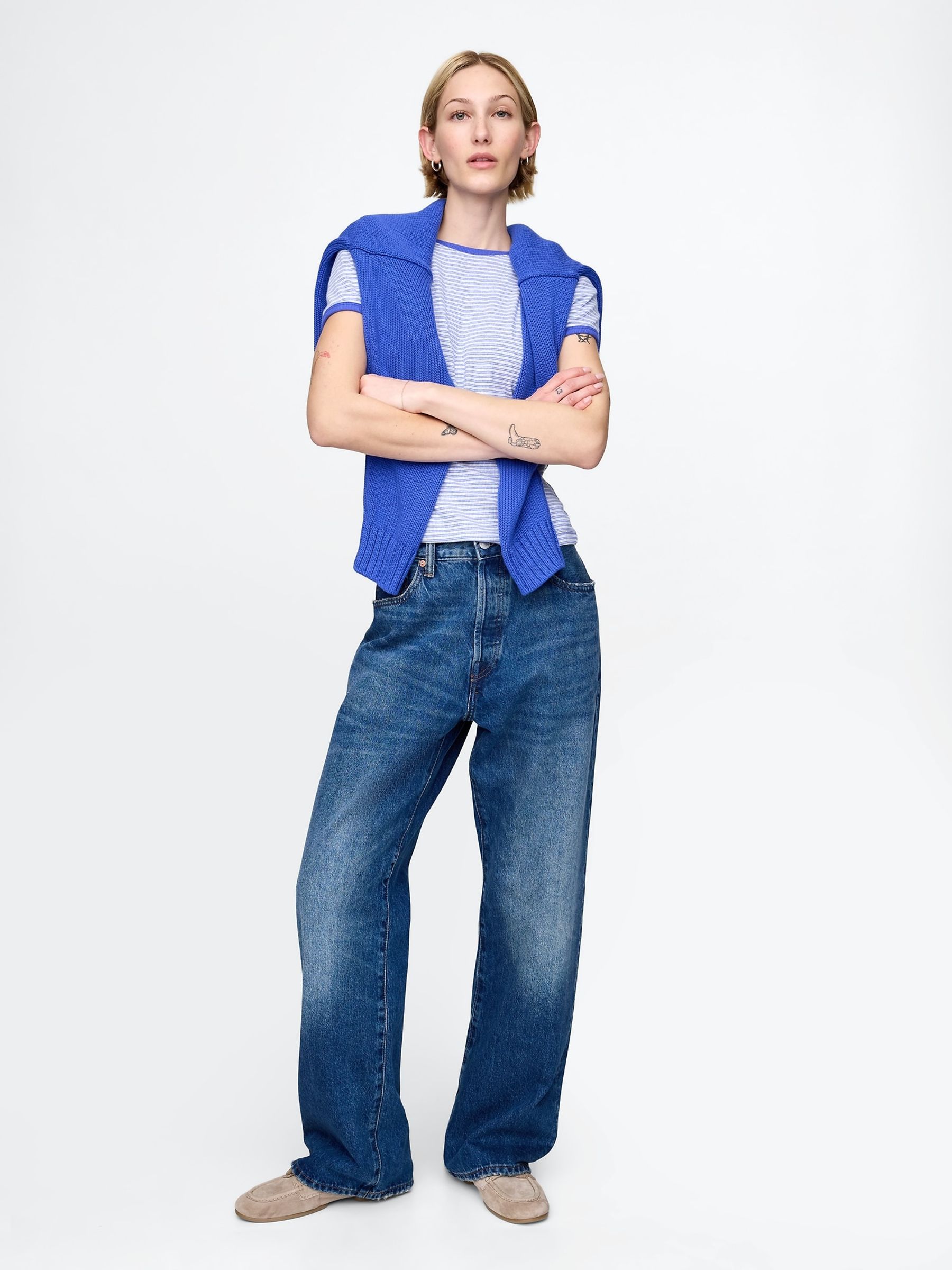 Blue Modern Cotton-Modal Short Sleeve Ribbed Cropped Striped T-Shirt - Image 3 of 5