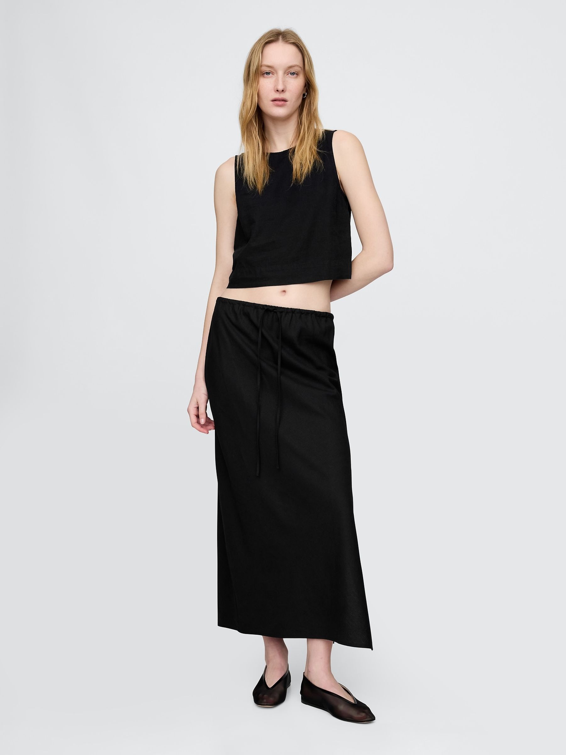 Black Heavyweight Linen-Blend Midi Skirt - Image 1 of 5