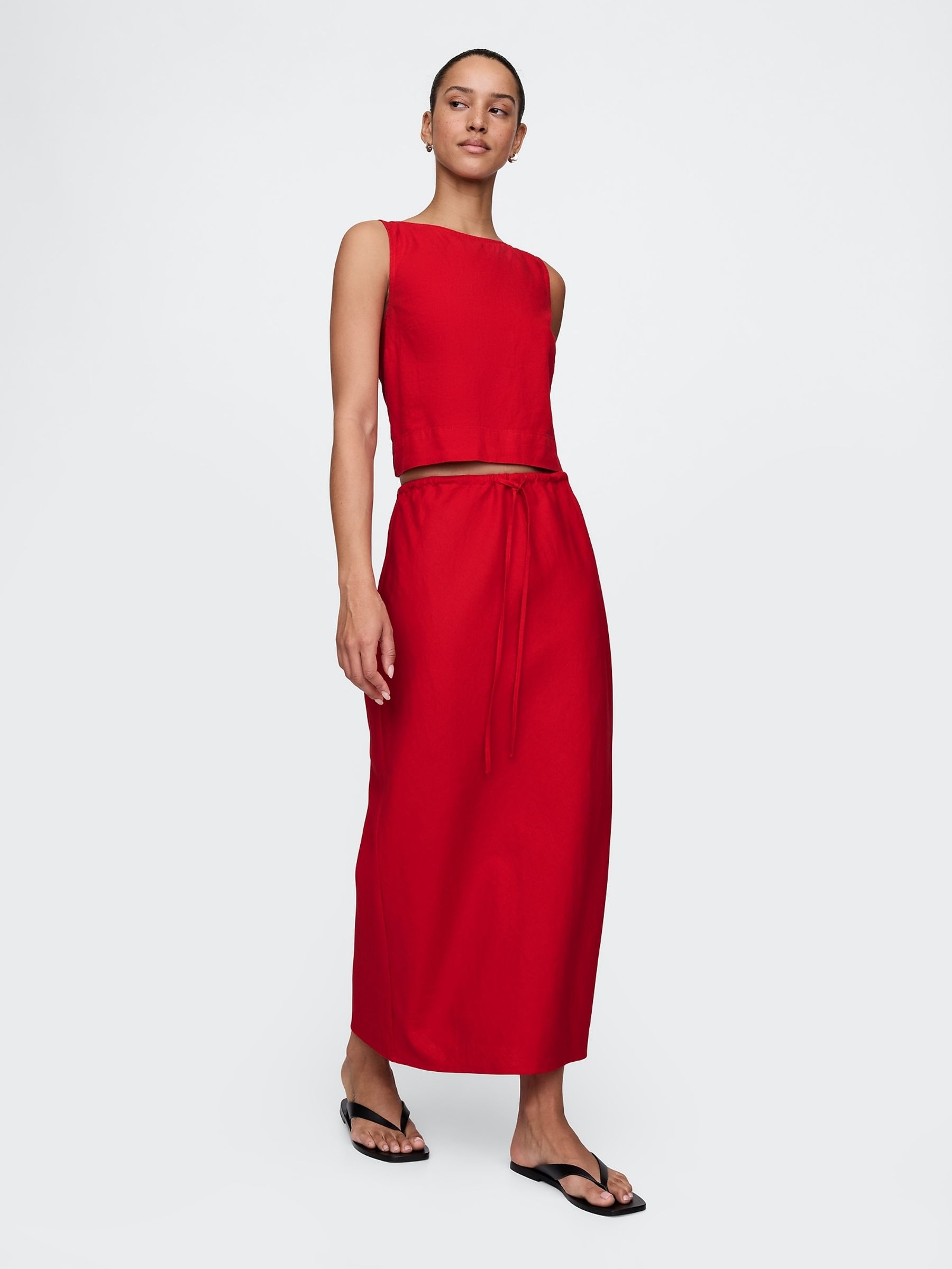 Red Heavyweight Linen-Blend Midi Skirt - Image 1 of 5
