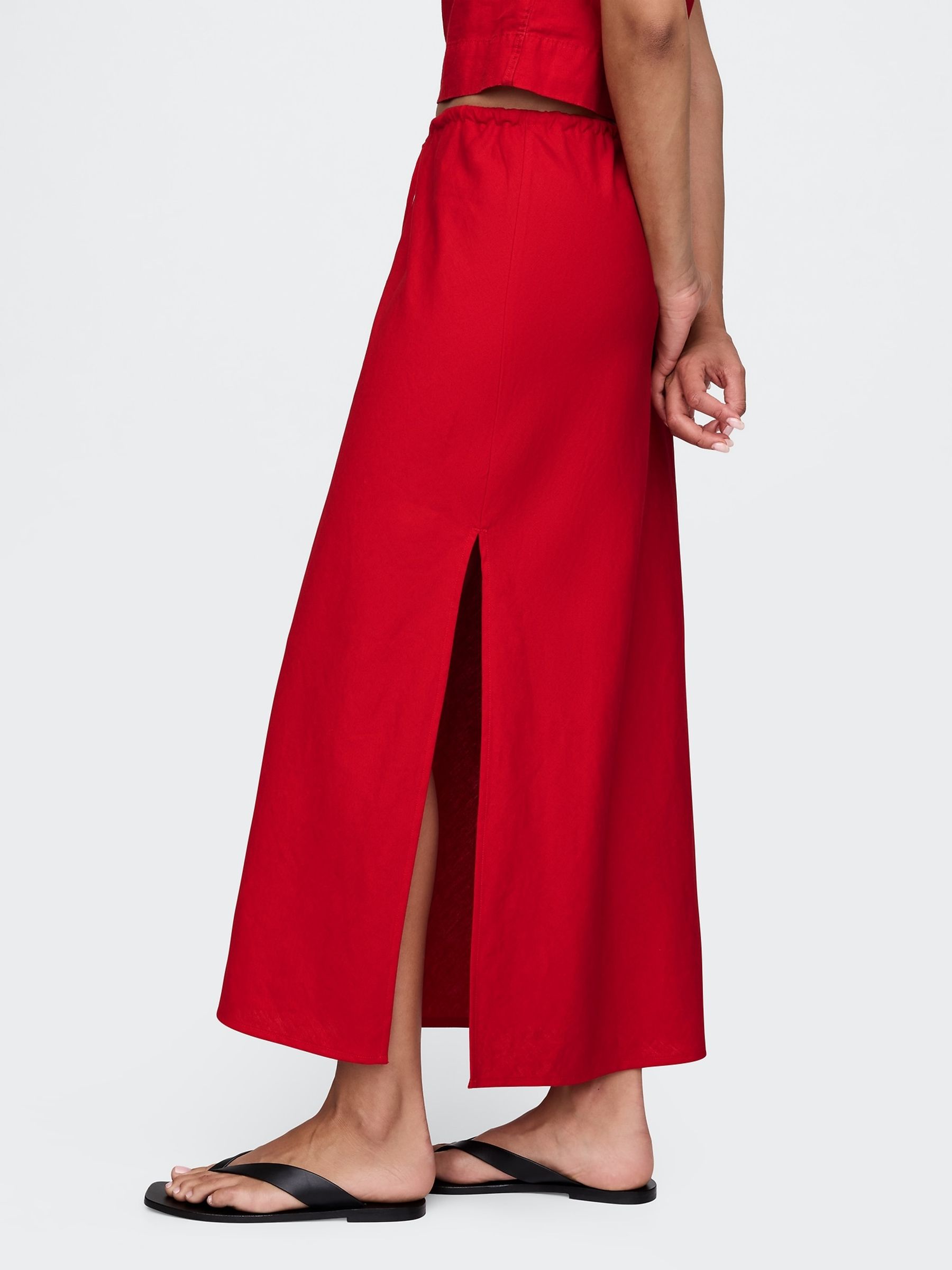 Red Heavyweight Linen-Blend Midi Skirt - Image 3 of 5