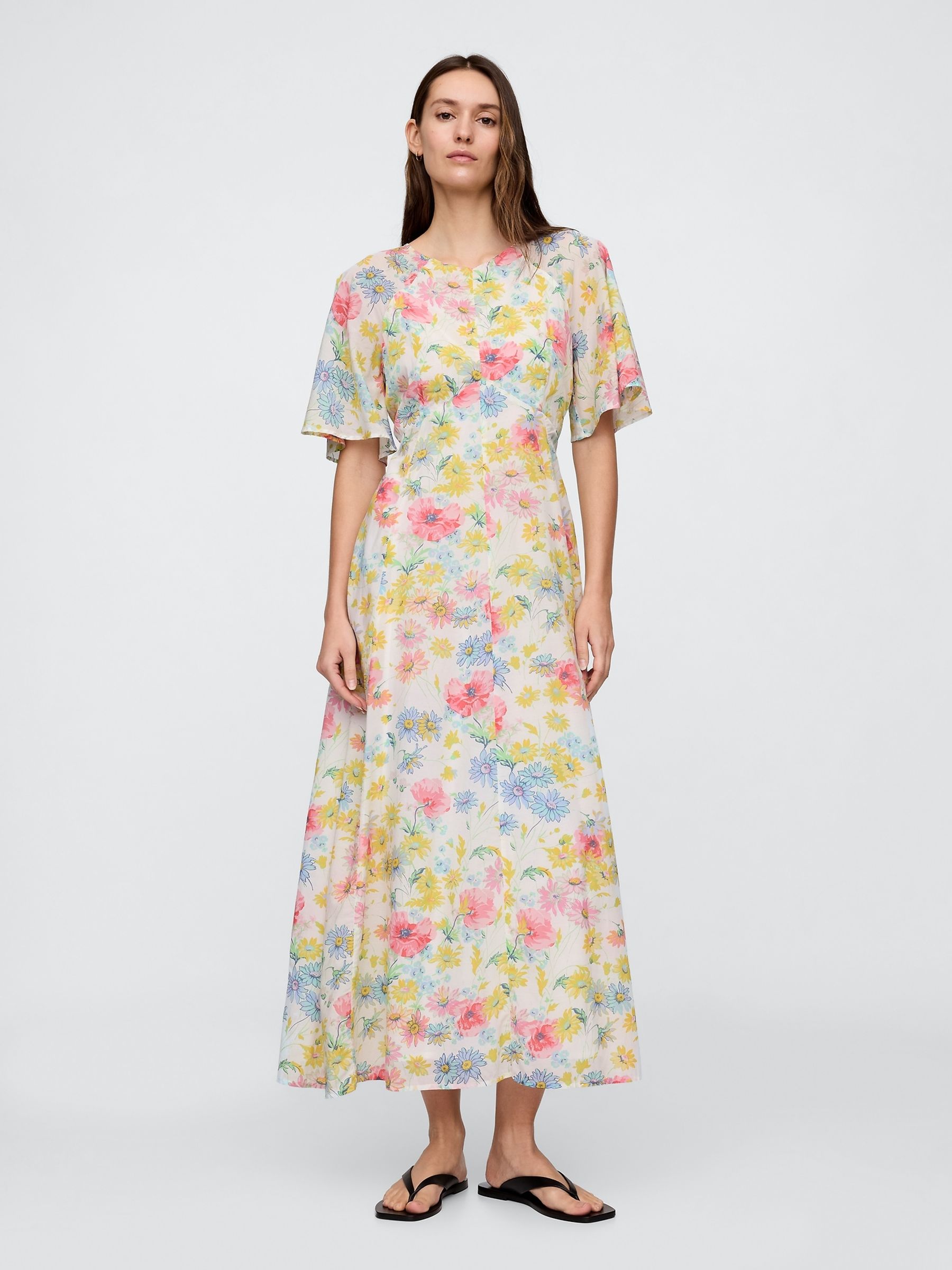 White Floral Voile Flutter-Sleeve Maxi Dress - Image 1 of 5