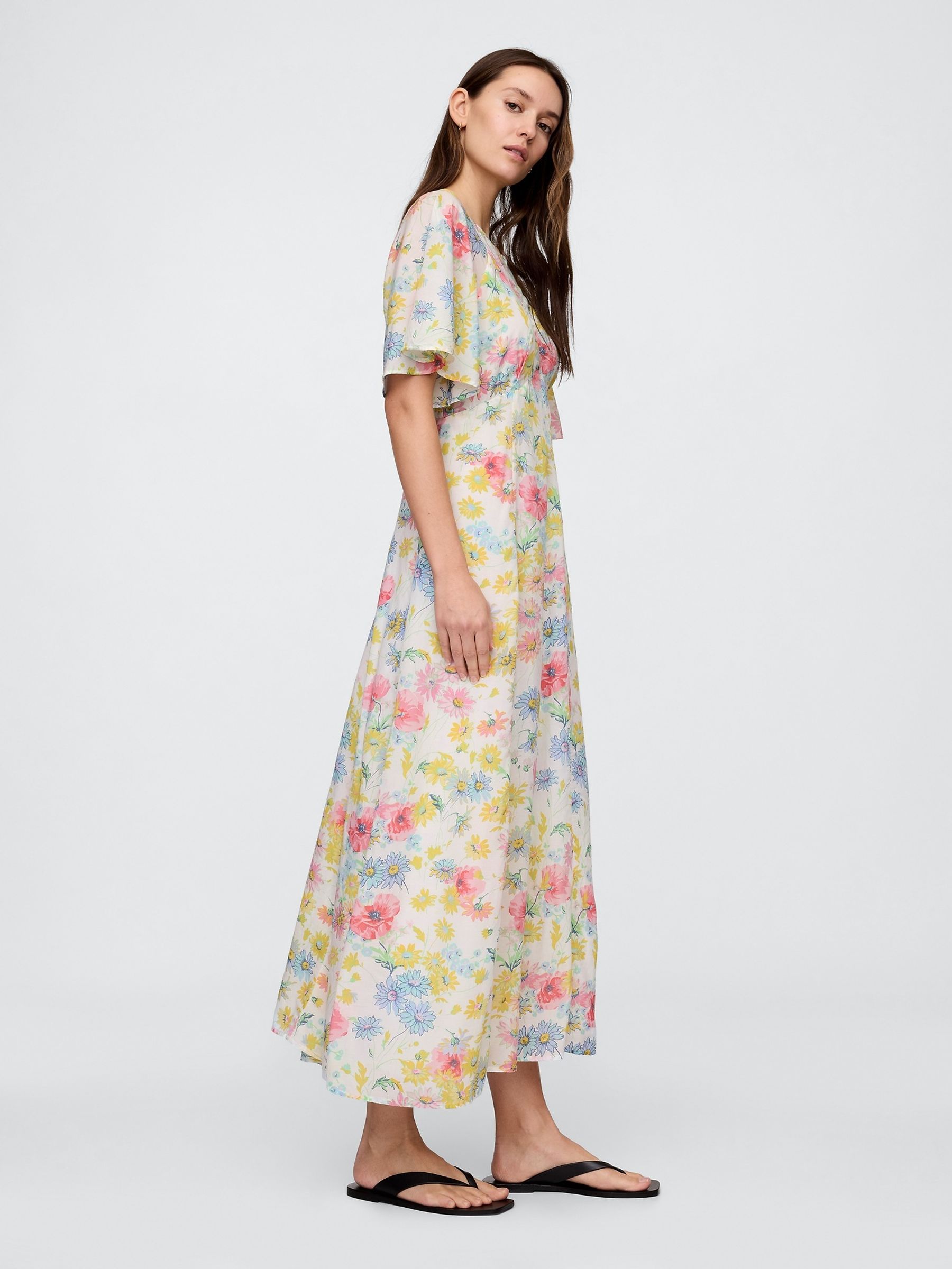 White Floral Voile Flutter-Sleeve Maxi Dress - Image 3 of 5