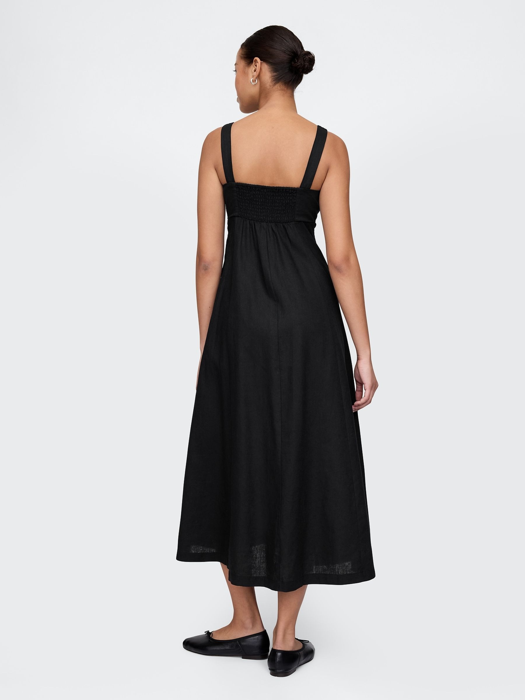 Black Linen-Blend Tie Front Midi Dress - Image 2 of 7