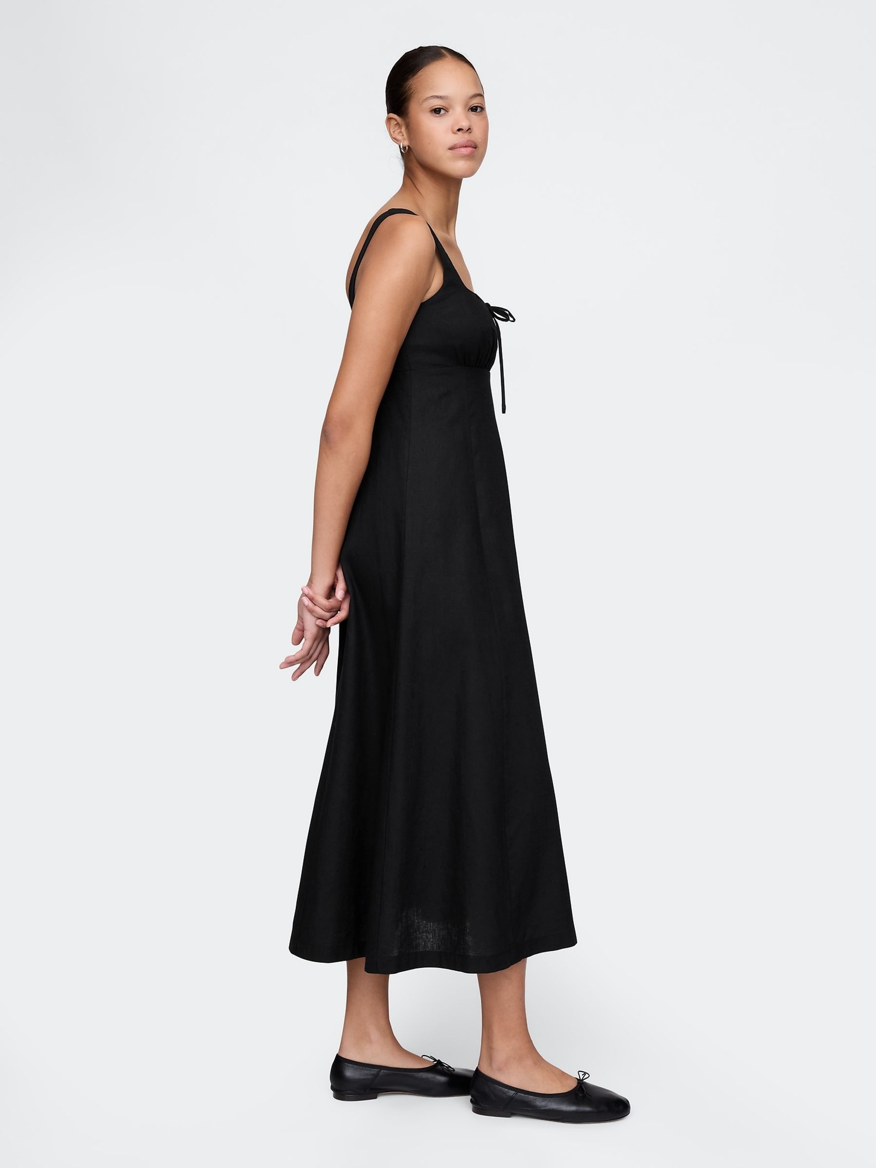 Black Linen-Blend Tie Front Midi Dress - Image 3 of 7
