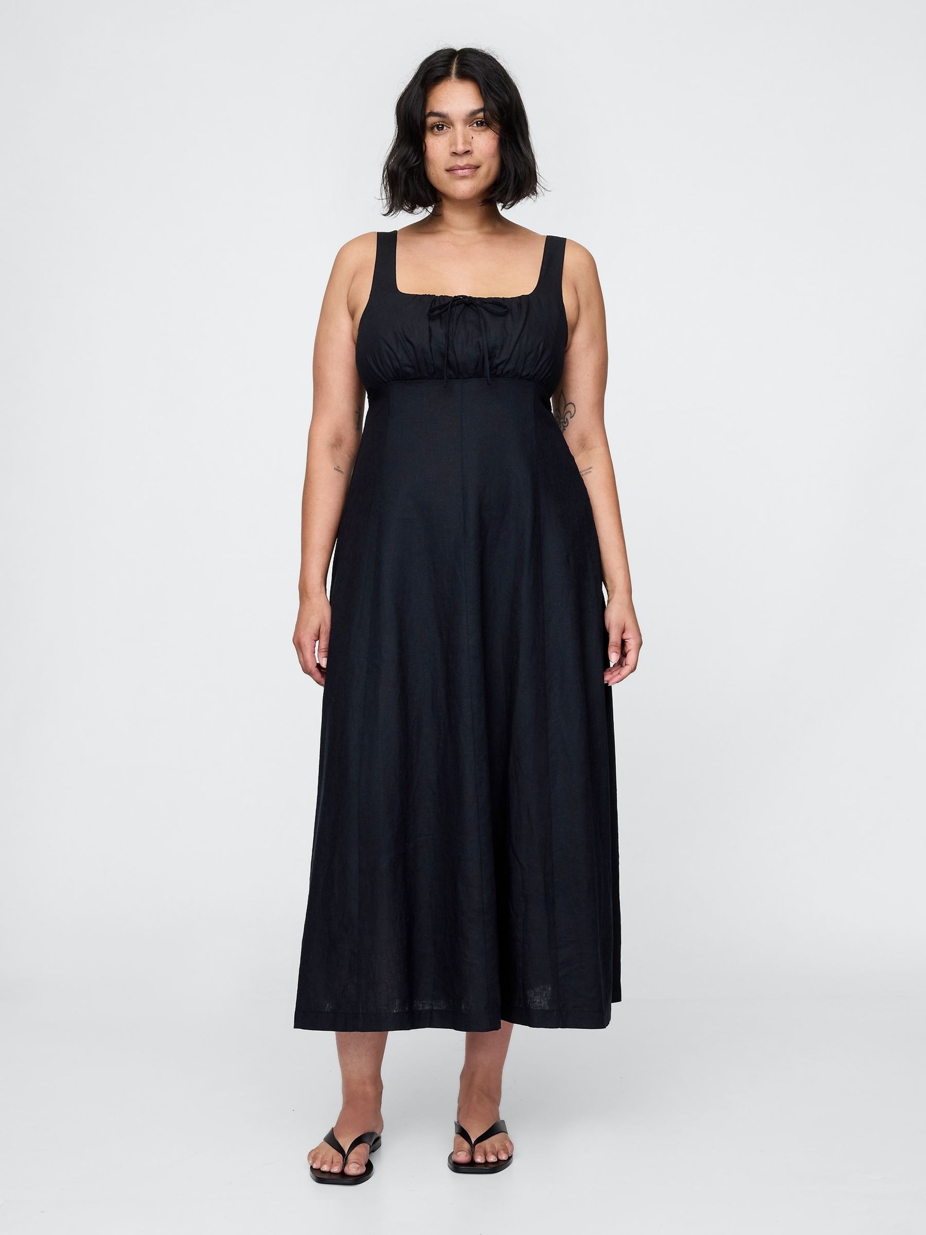 Black Linen-Blend Tie Front Midi Dress - Image 5 of 7