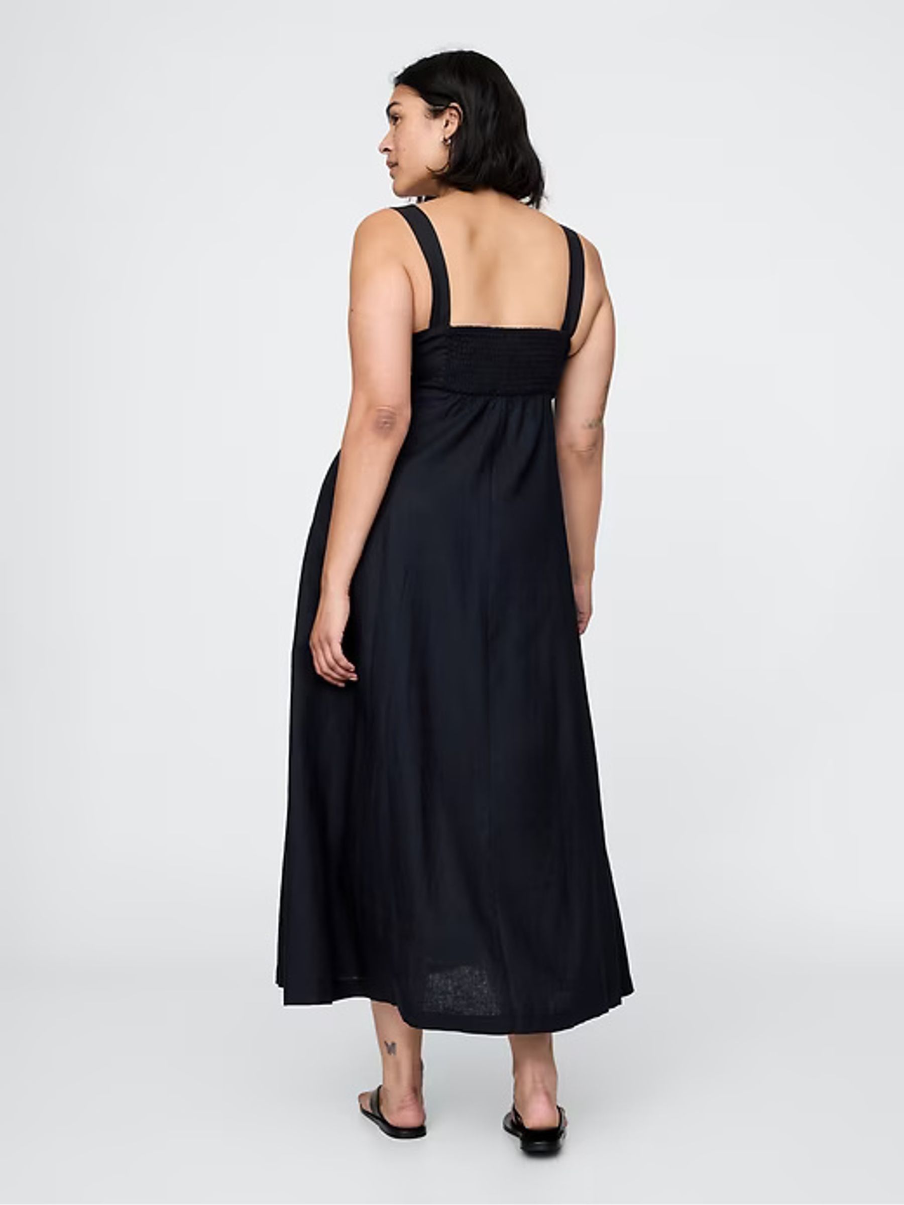 Black Linen-Blend Tie Front Midi Dress - Image 6 of 7