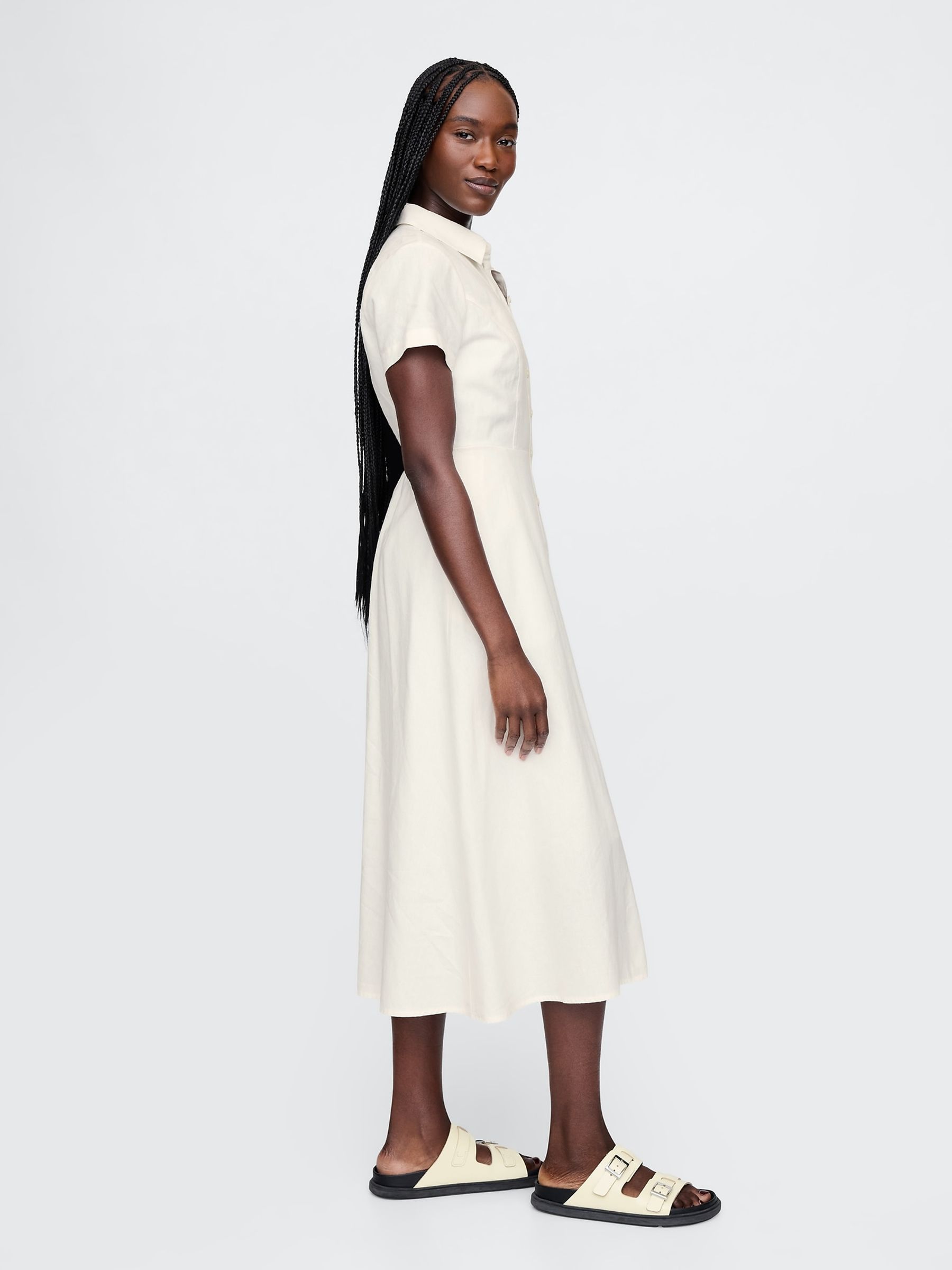 White Heavyweight Linen-Blend Midi Shirt Dress - Image 3 of 5