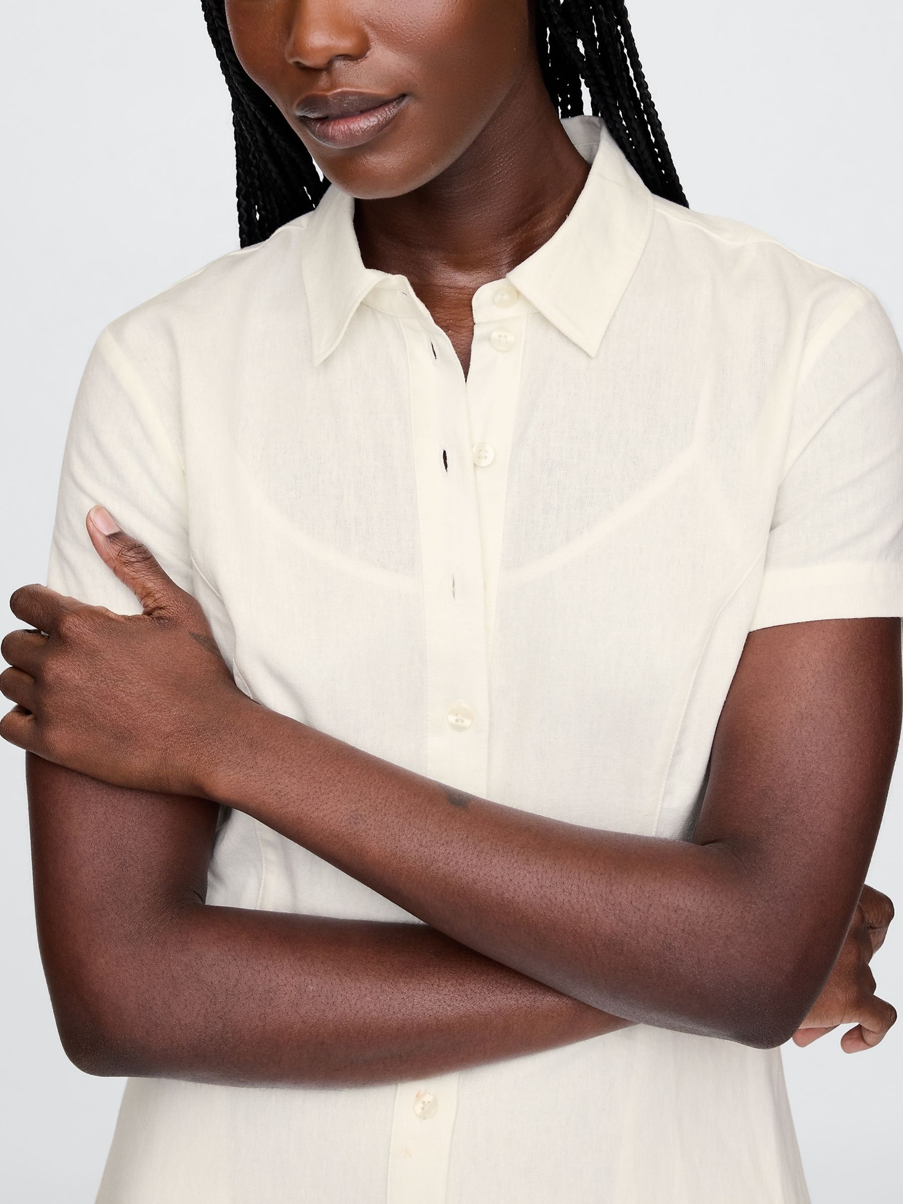 White Heavyweight Linen-Blend Midi Shirt Dress - Image 4 of 5