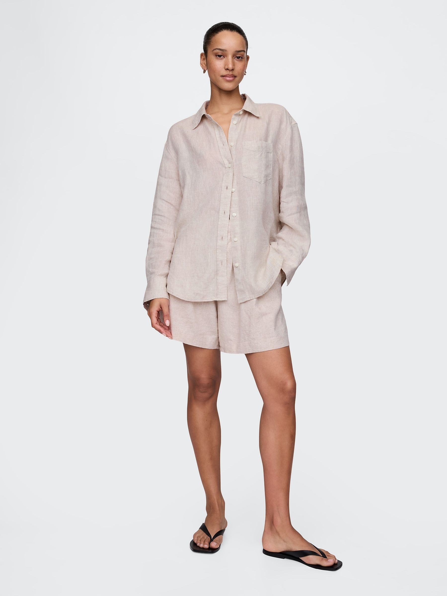Beige Heavyweight High Waisted Linen-Blend Shorts - Image 3 of 5