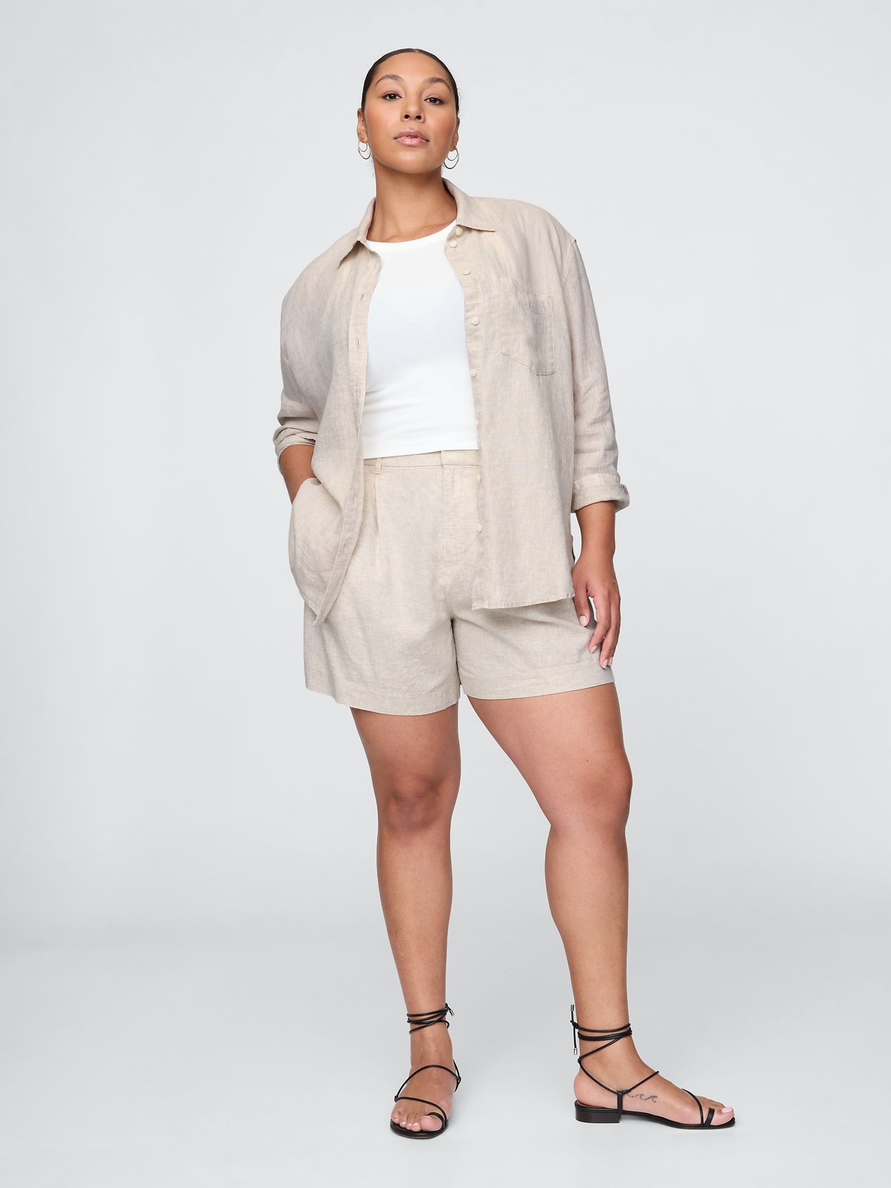 Beige Heavyweight High Waisted Linen-Blend Shorts - Image 5 of 5