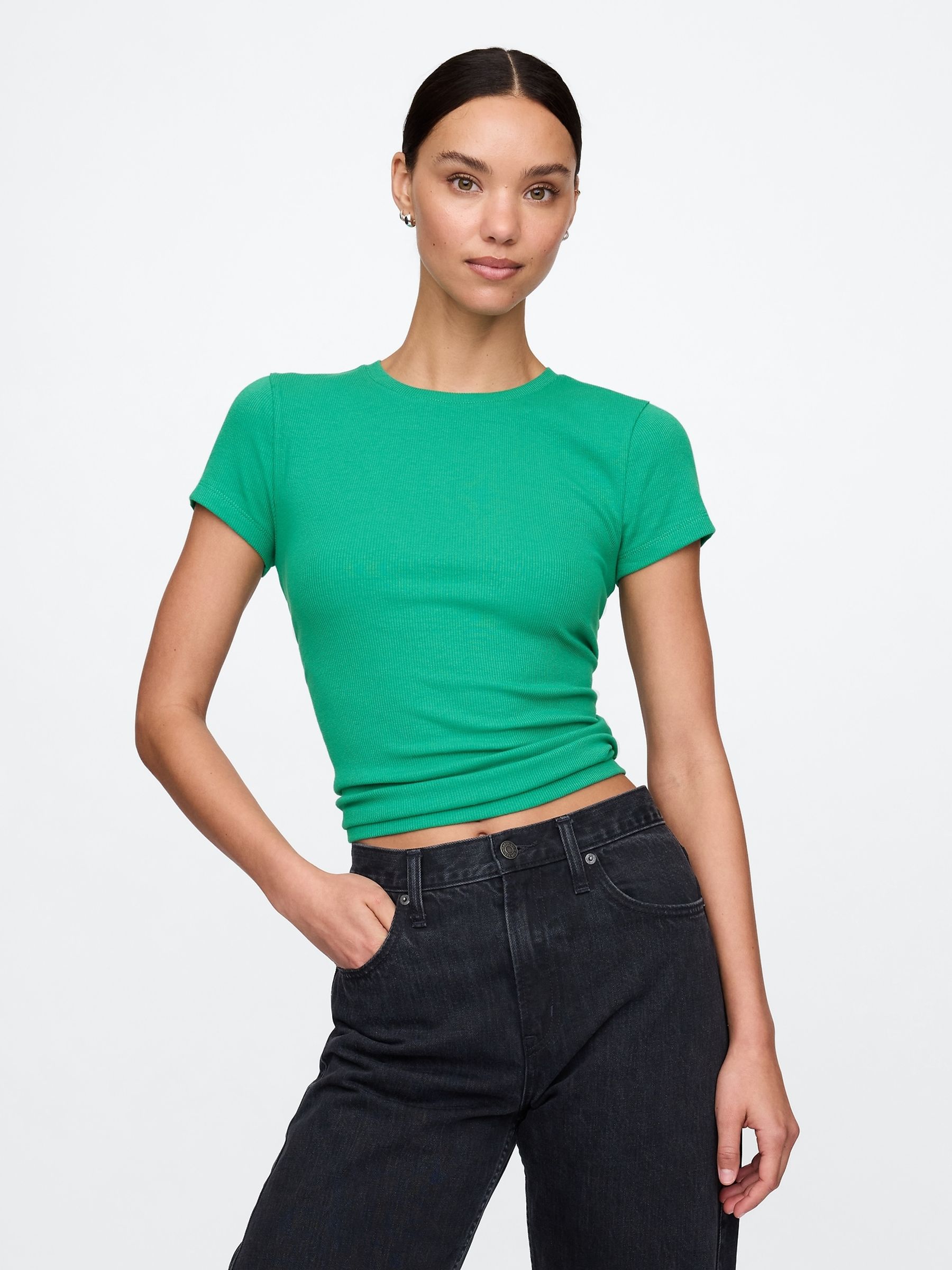 Green Modern Cotton-Modal Short Sleeve Ribbed Cropped T-Shirt - Image 1 of 5