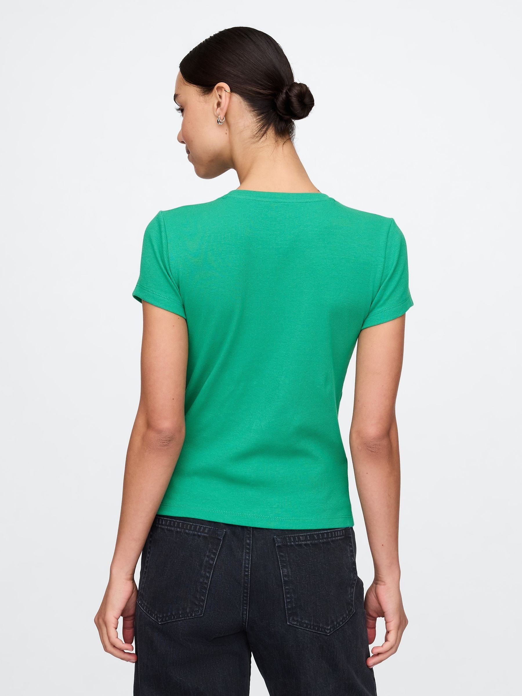 Green Modern Cotton-Modal Short Sleeve Ribbed Cropped T-Shirt - Image 2 of 5