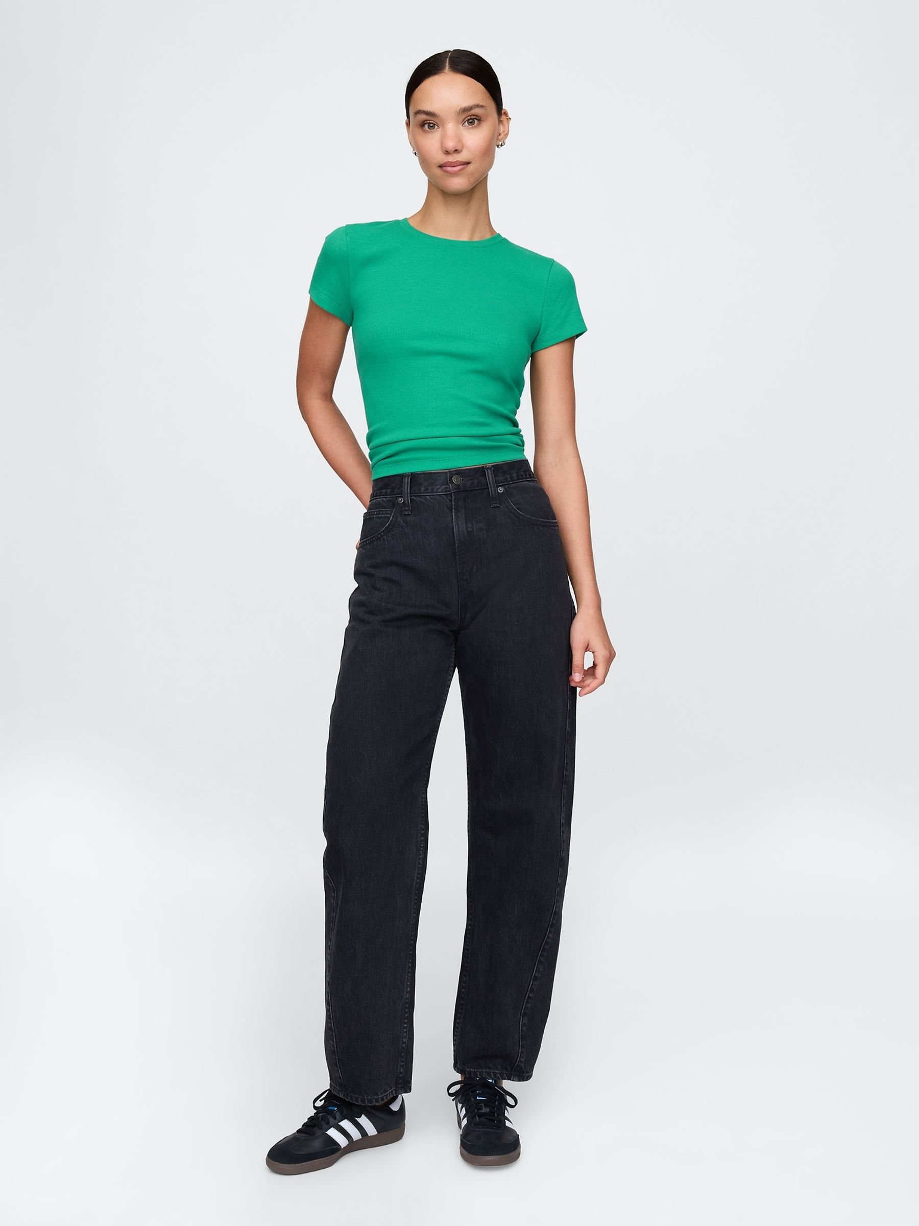 Green Modern Cotton-Modal Short Sleeve Ribbed Cropped T-Shirt - Image 3 of 5
