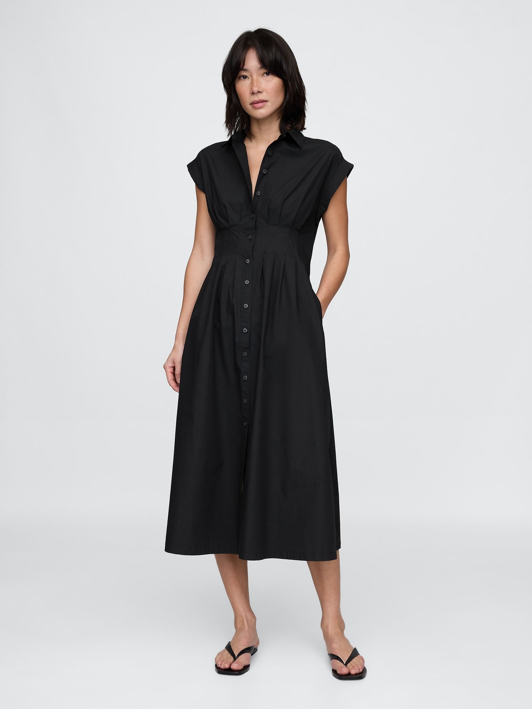 Black 100% Cotton Poplin Button Front Midi Shirt Dress | Gap