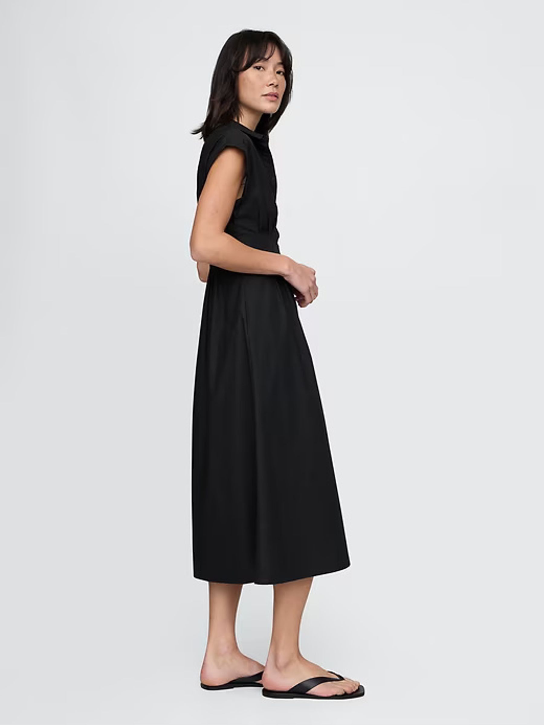Black 100% Cotton Poplin Button Front Midi Shirt Dress - Image 2 of 7