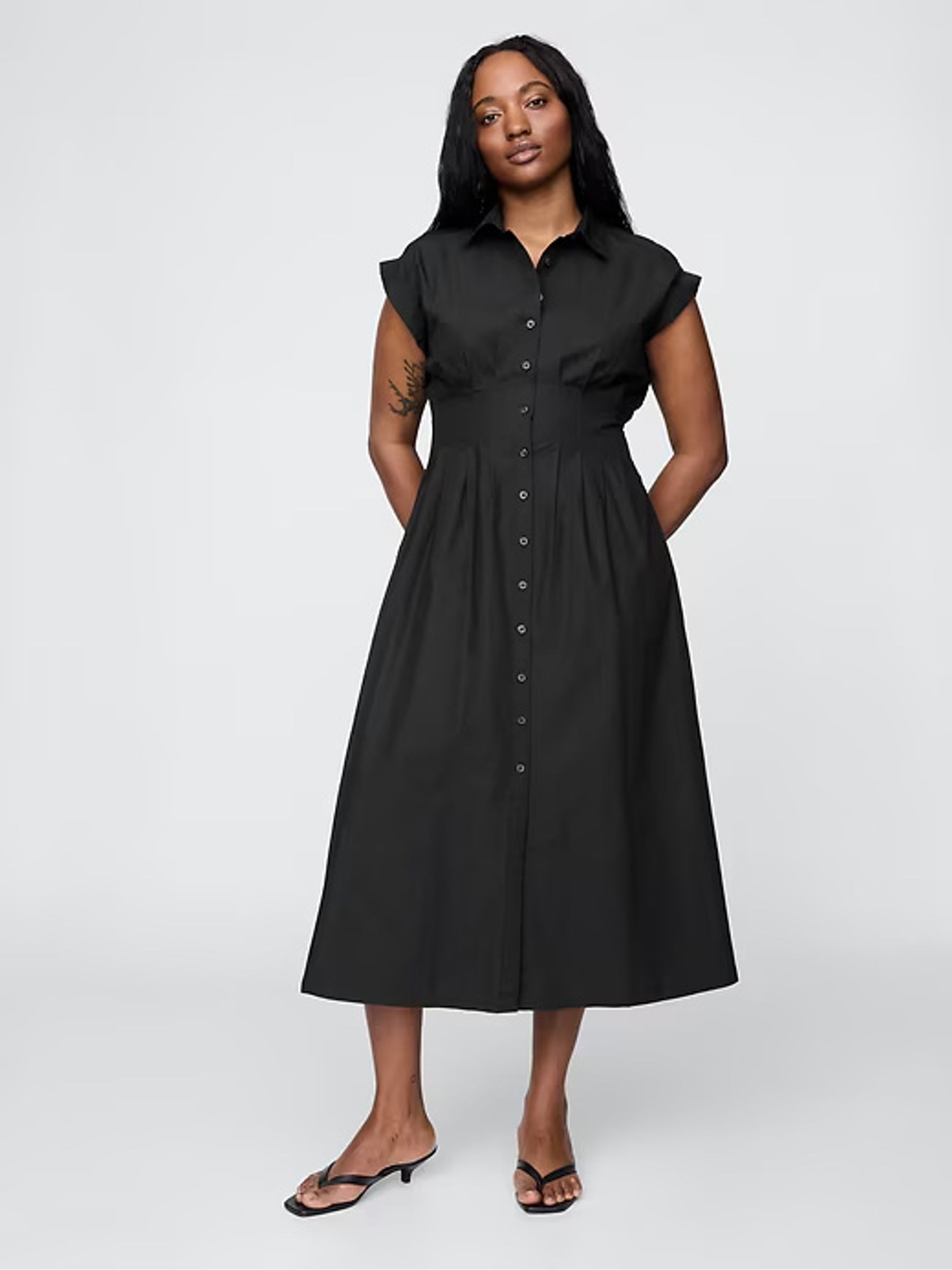 Black 100% Cotton Poplin Button Front Midi Shirt Dress - Image 3 of 7