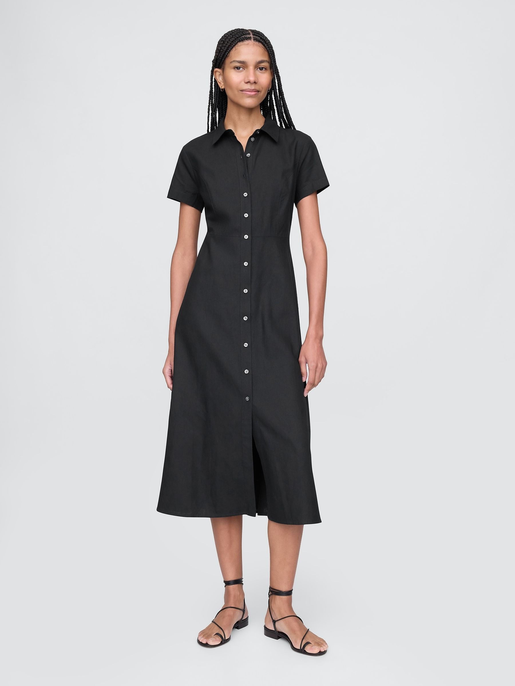 Black Heavyweight Linen-Blend Midi Shirt Dress | Gap