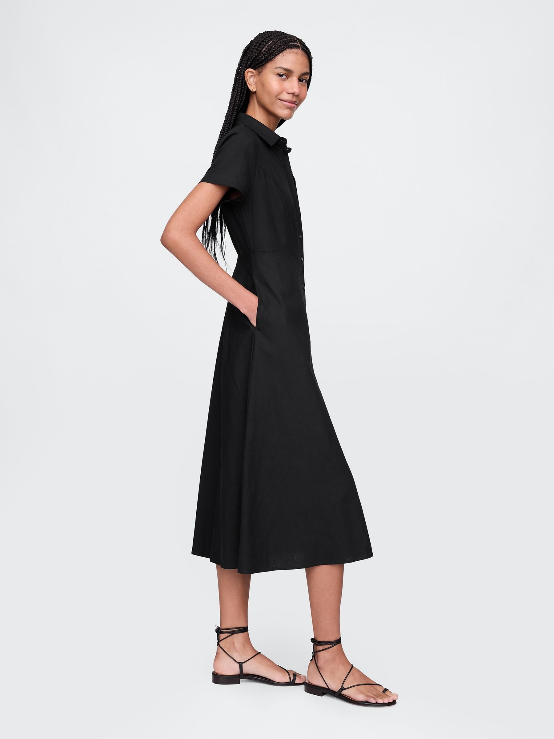 Black Heavyweight Linen-Blend Midi Shirt Dress - Image 3 of 5