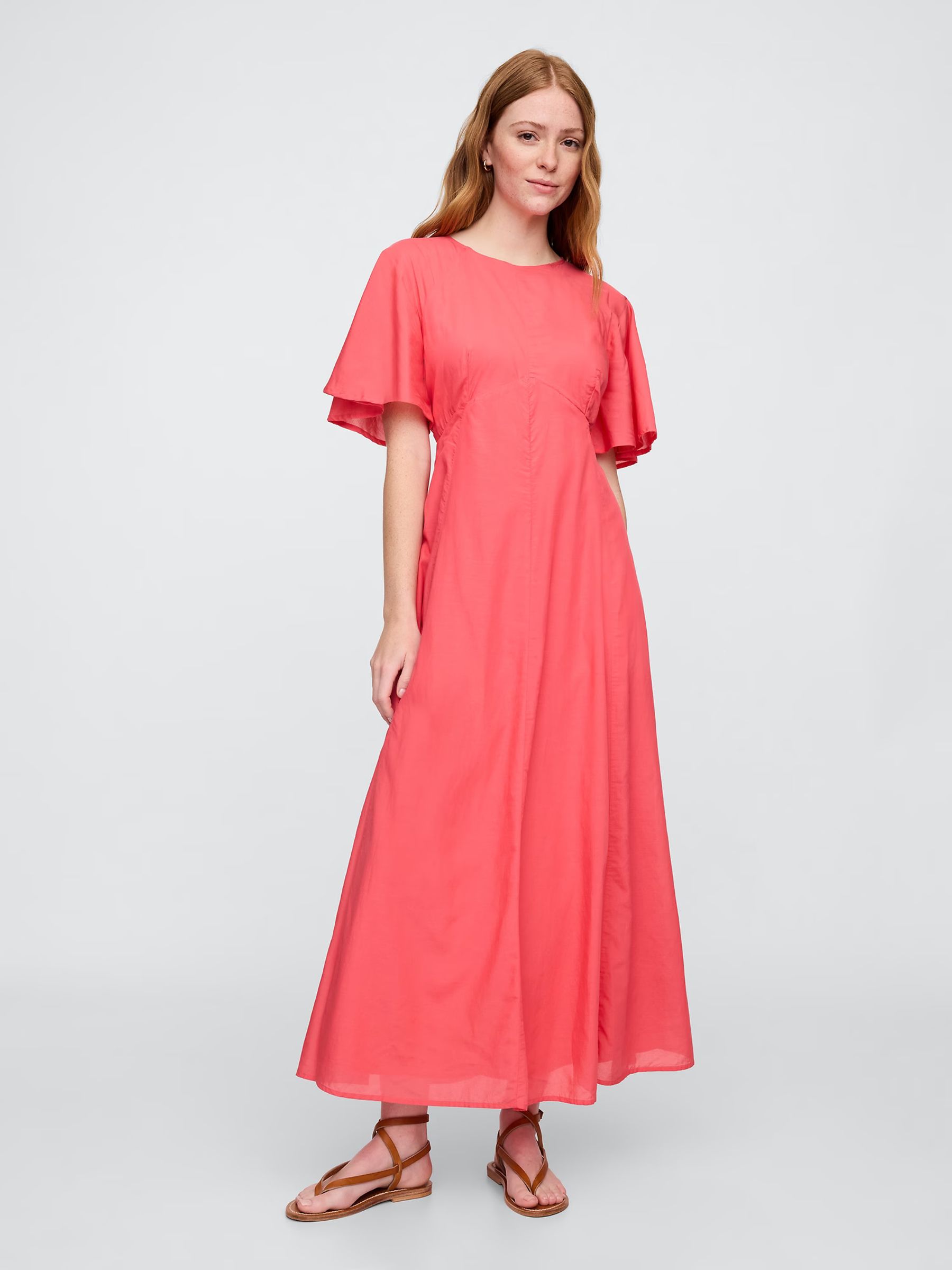 Coral Pink Voile Flutter-Sleeve Maxi Dress | Gap