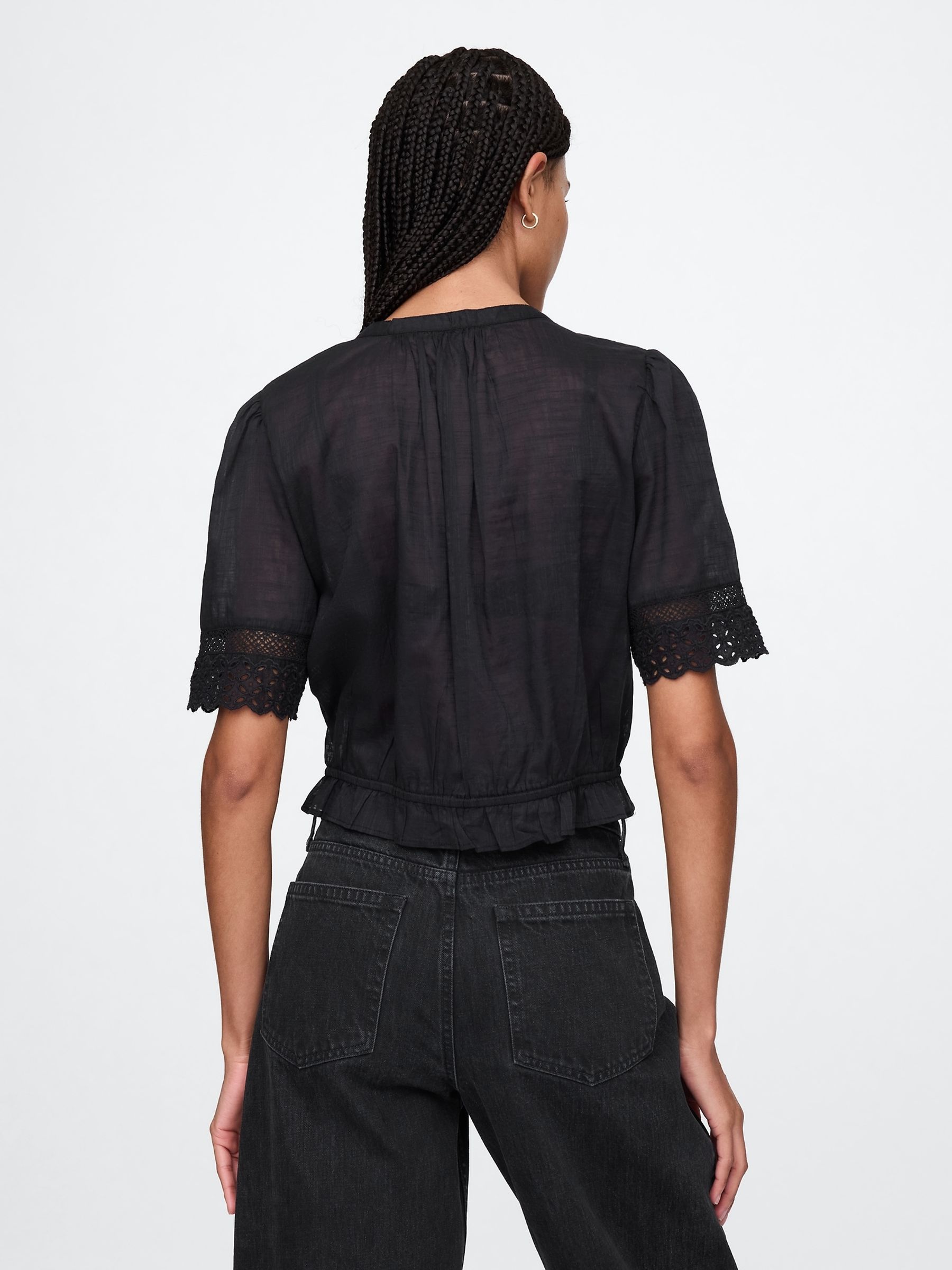Black Cotton Lace-Trim Puff Sleeve Shirt - Image 2 of 5