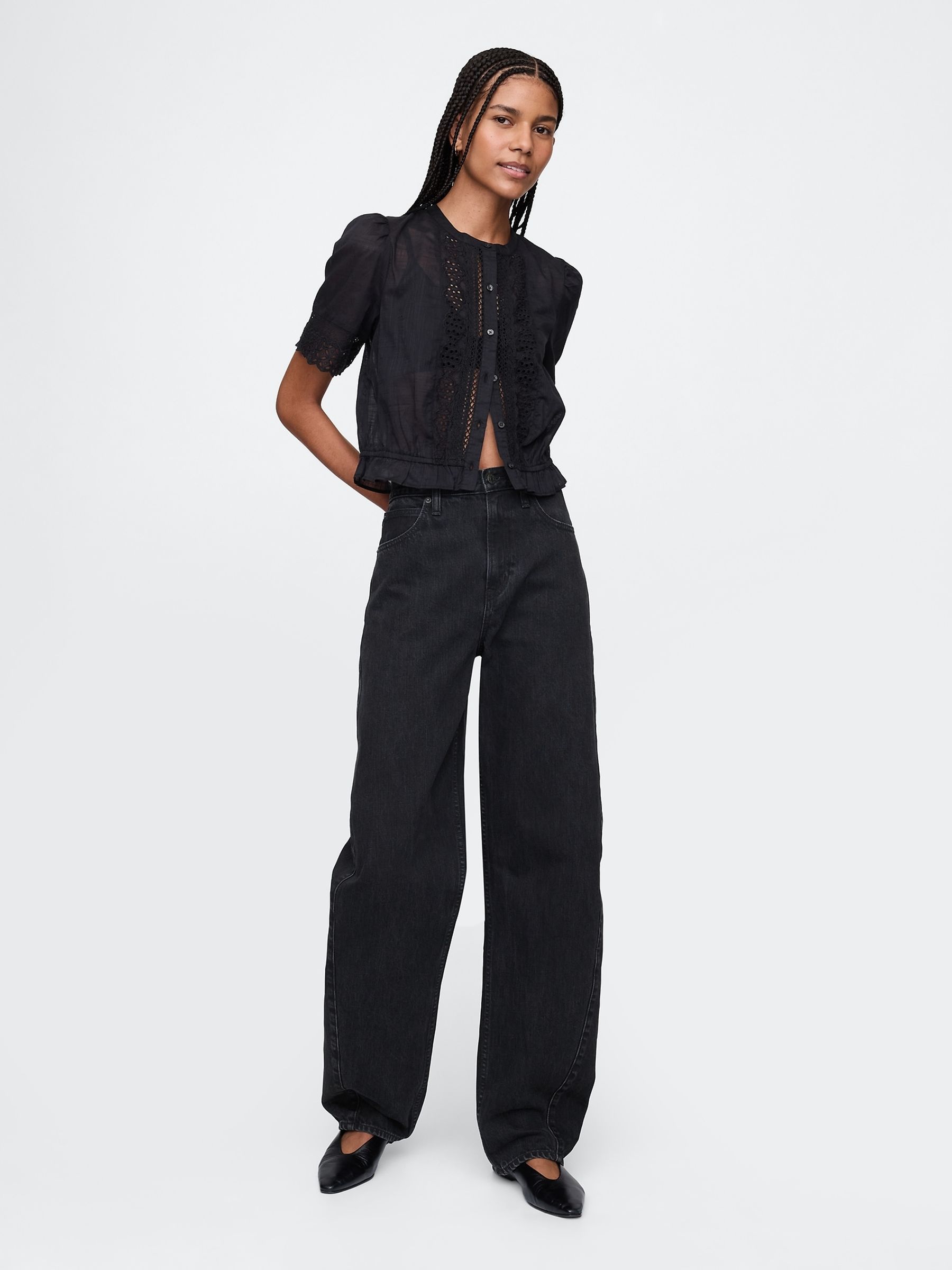 Black Cotton Lace-Trim Puff Sleeve Shirt - Image 3 of 5