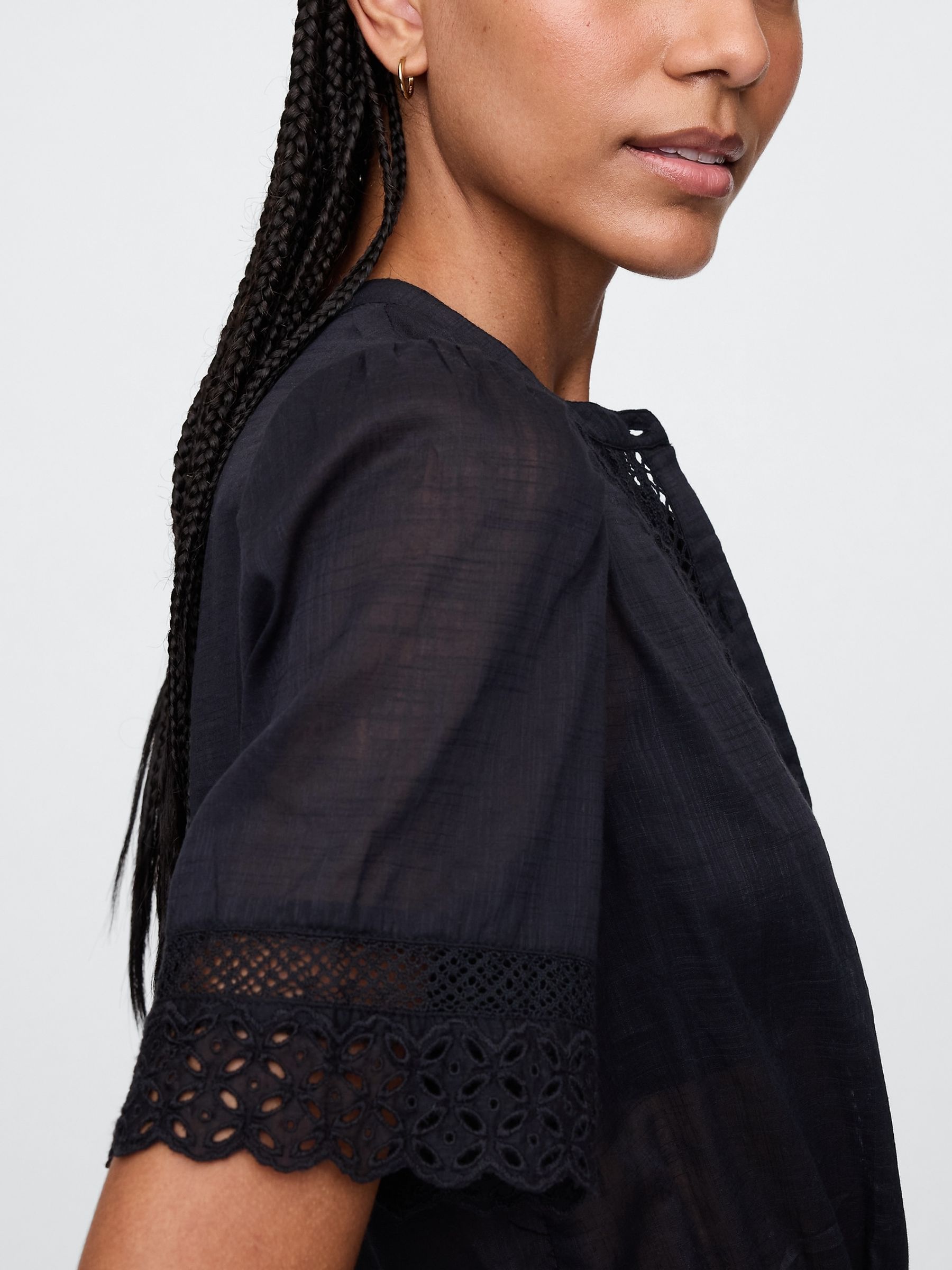 Black Cotton Lace-Trim Puff Sleeve Shirt - Image 4 of 5