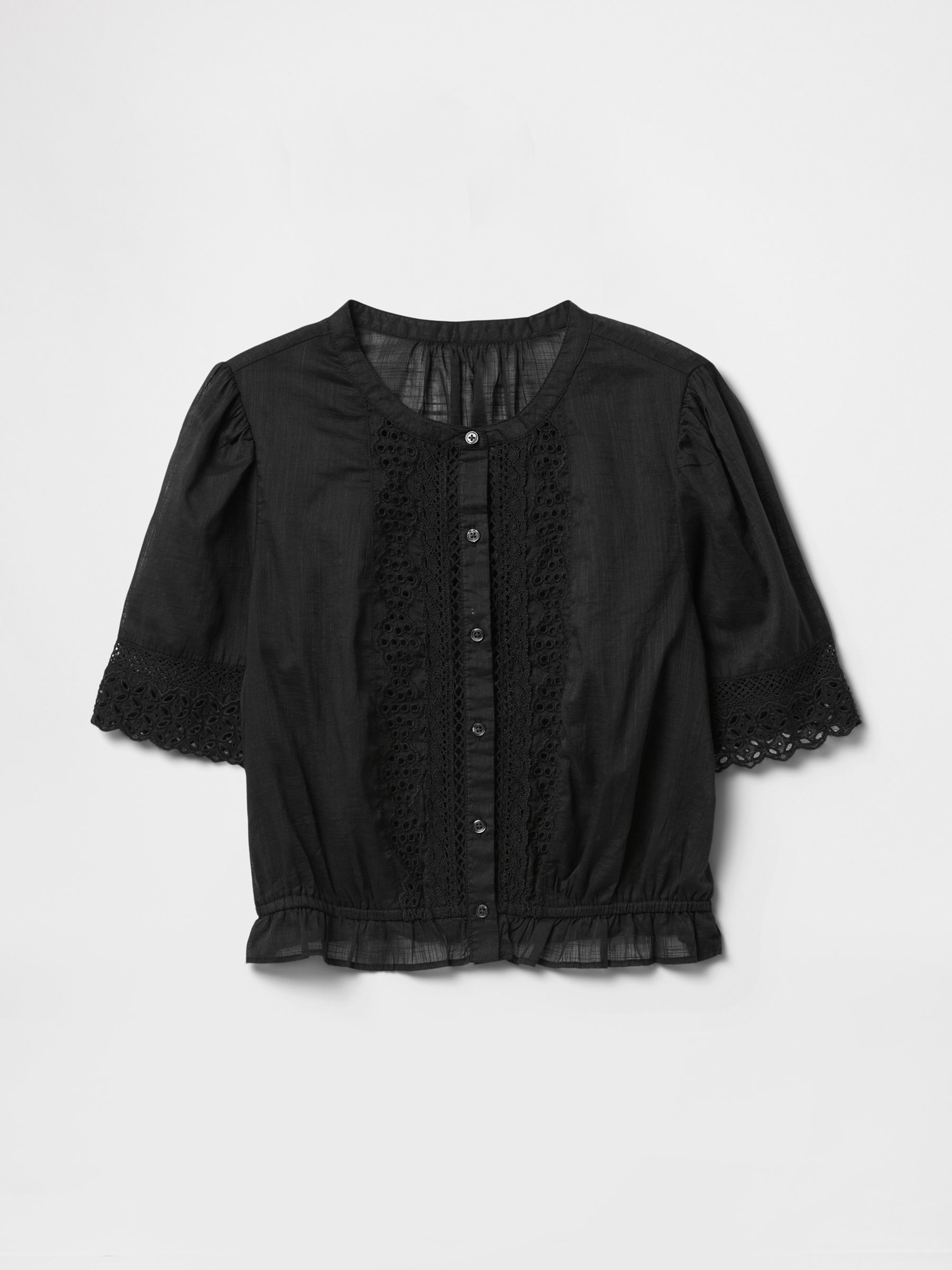 Black Cotton Lace-Trim Puff Sleeve Shirt - Image 5 of 5