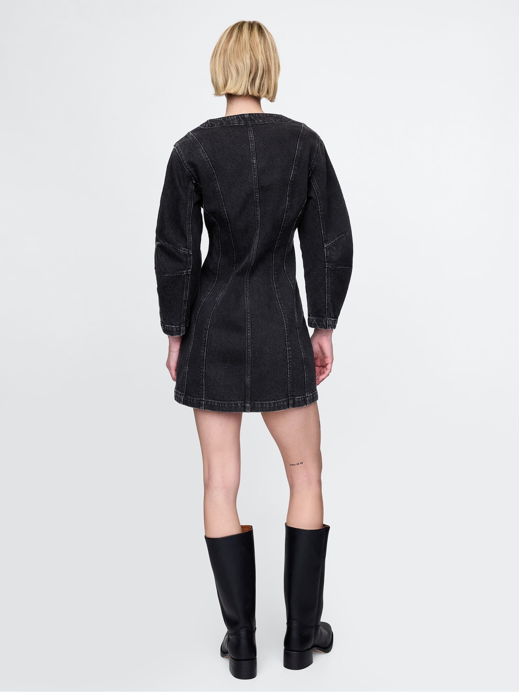 Black Barrel-Sleeve Denim Mini Shirt Dress - Image 2 of 4
