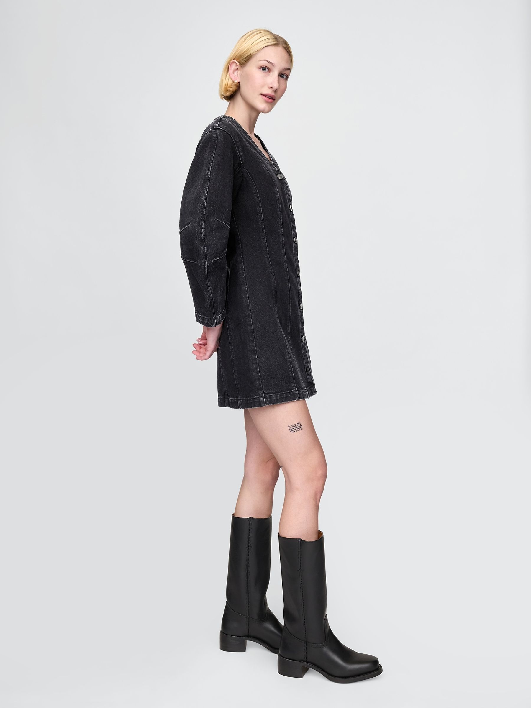 Black Barrel-Sleeve Denim Mini Shirt Dress - Image 3 of 4